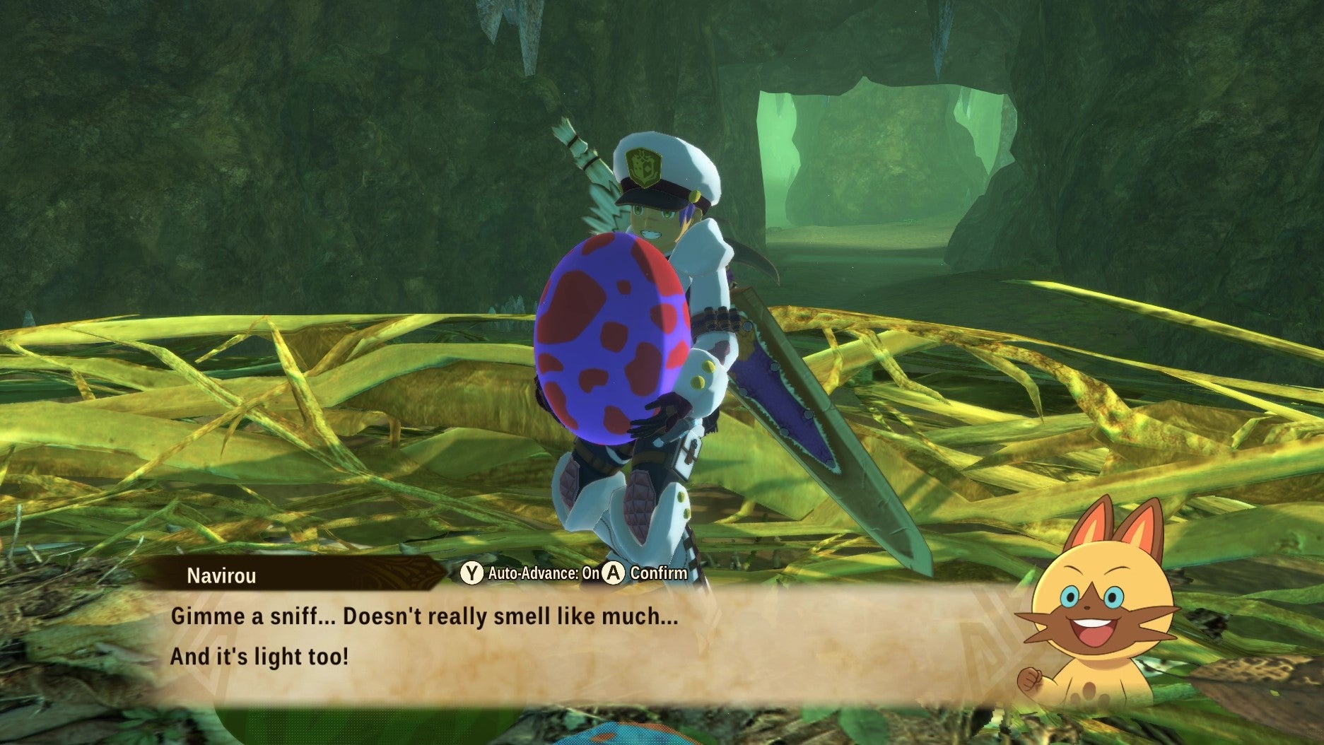 An image from Monster Hunter Stories 2 which shows the player holding a monster egg, having just snatched it from a nest. Navirou the cat comments on its smell and weight.
