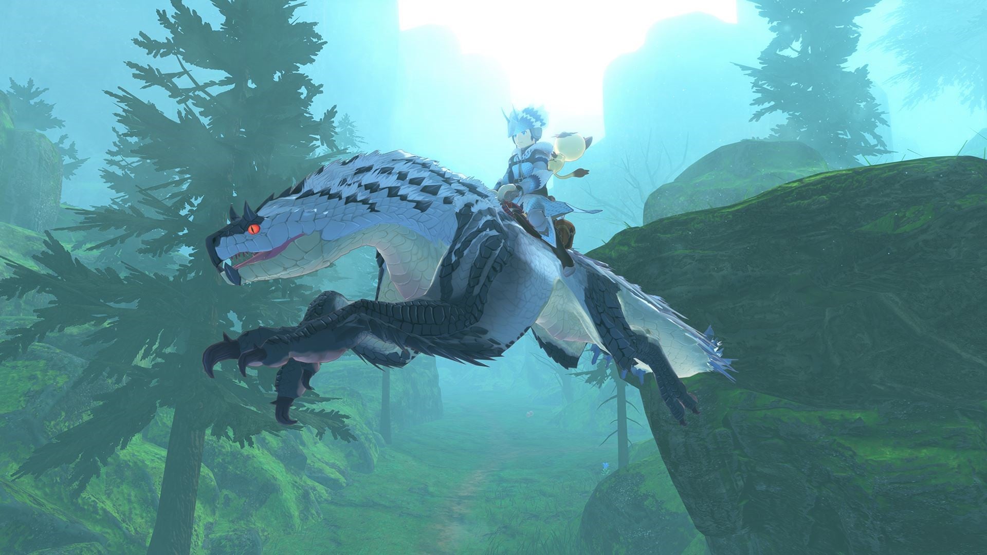 An image from Monster Hunter Stories 2 which shows the player riding on a big lizard.