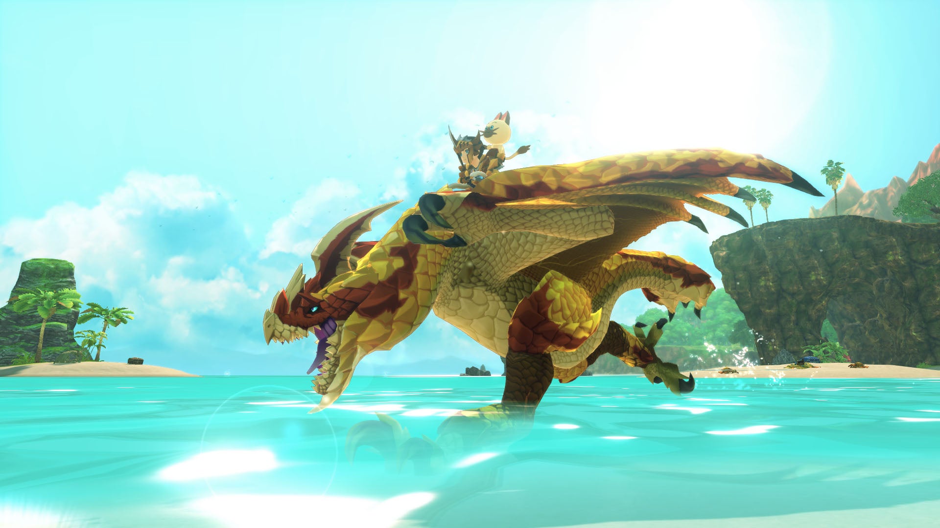 The player and their cat companion ride a dragon monster through shallow sea water in Monster Hunter Stories 2.