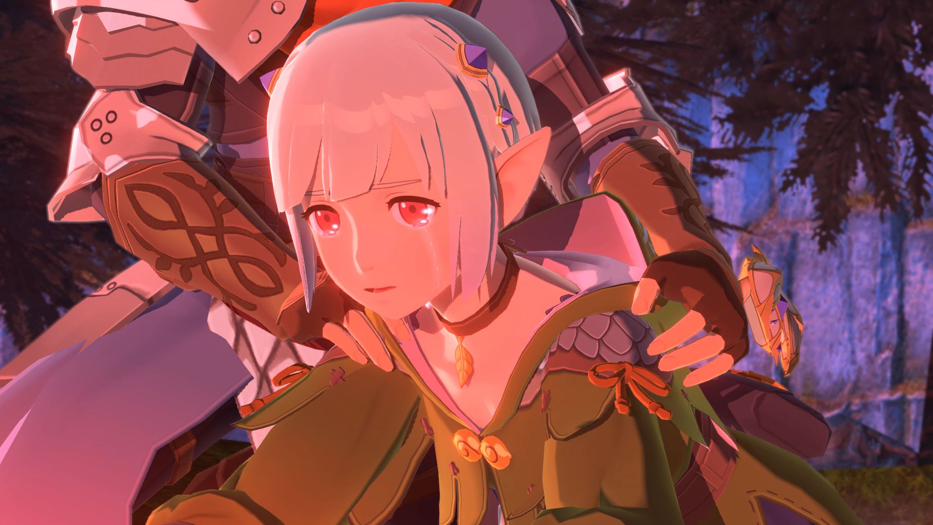 Ena, an elven girl from Monster Hunter Stories 2, cries at the sight of something in the distance. A character holds her shoulders from behind, as a show of support.