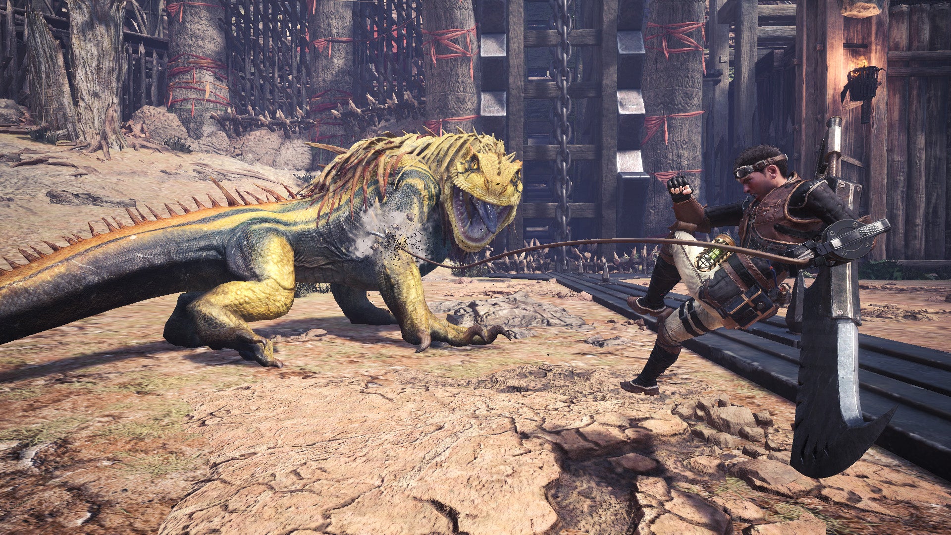 An image from Monster Hunter: World which shows the player grappling hook towards a huge Jagras (a yellow lizard).