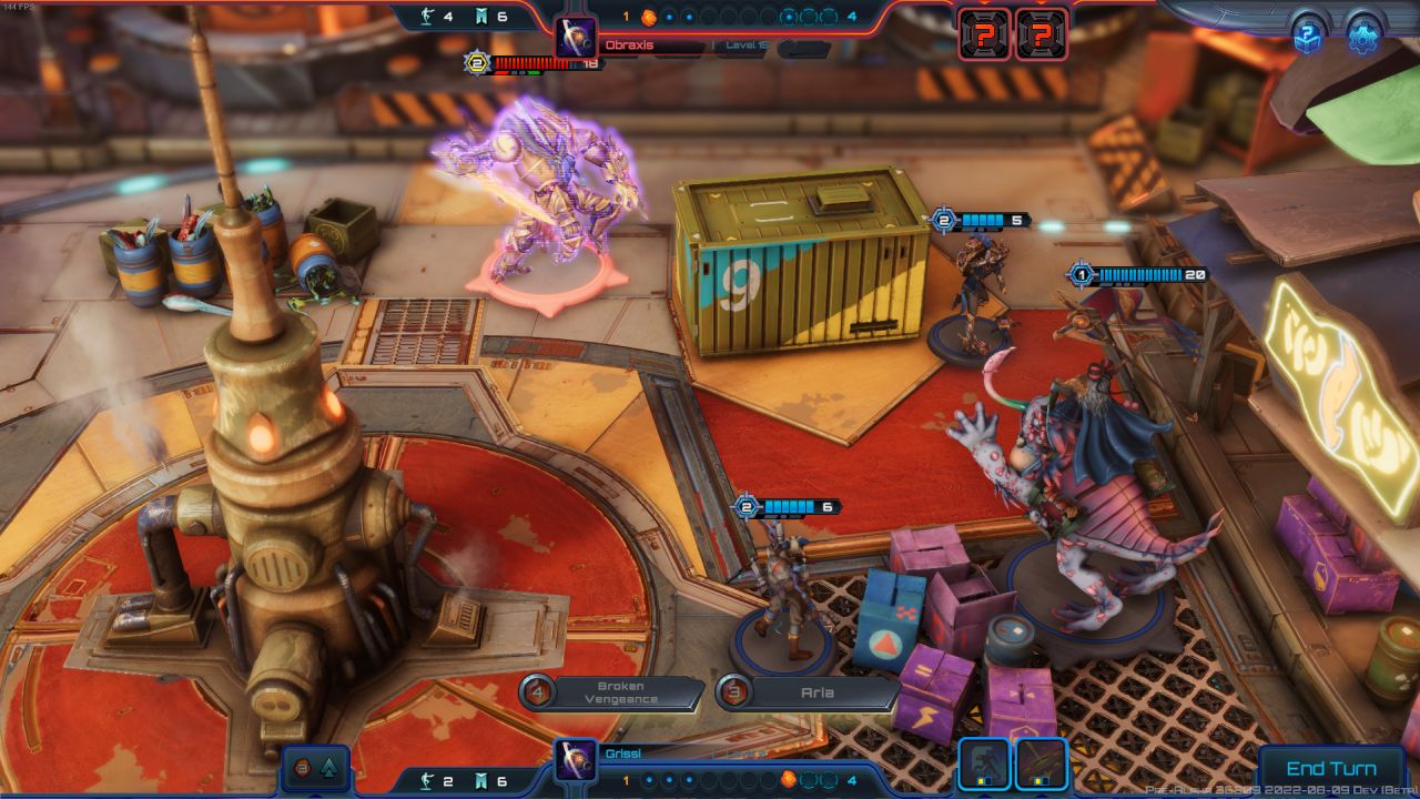 An close-up shot of the battlefield in Moonbreaker as a giant frog jukes it out with another team leader.