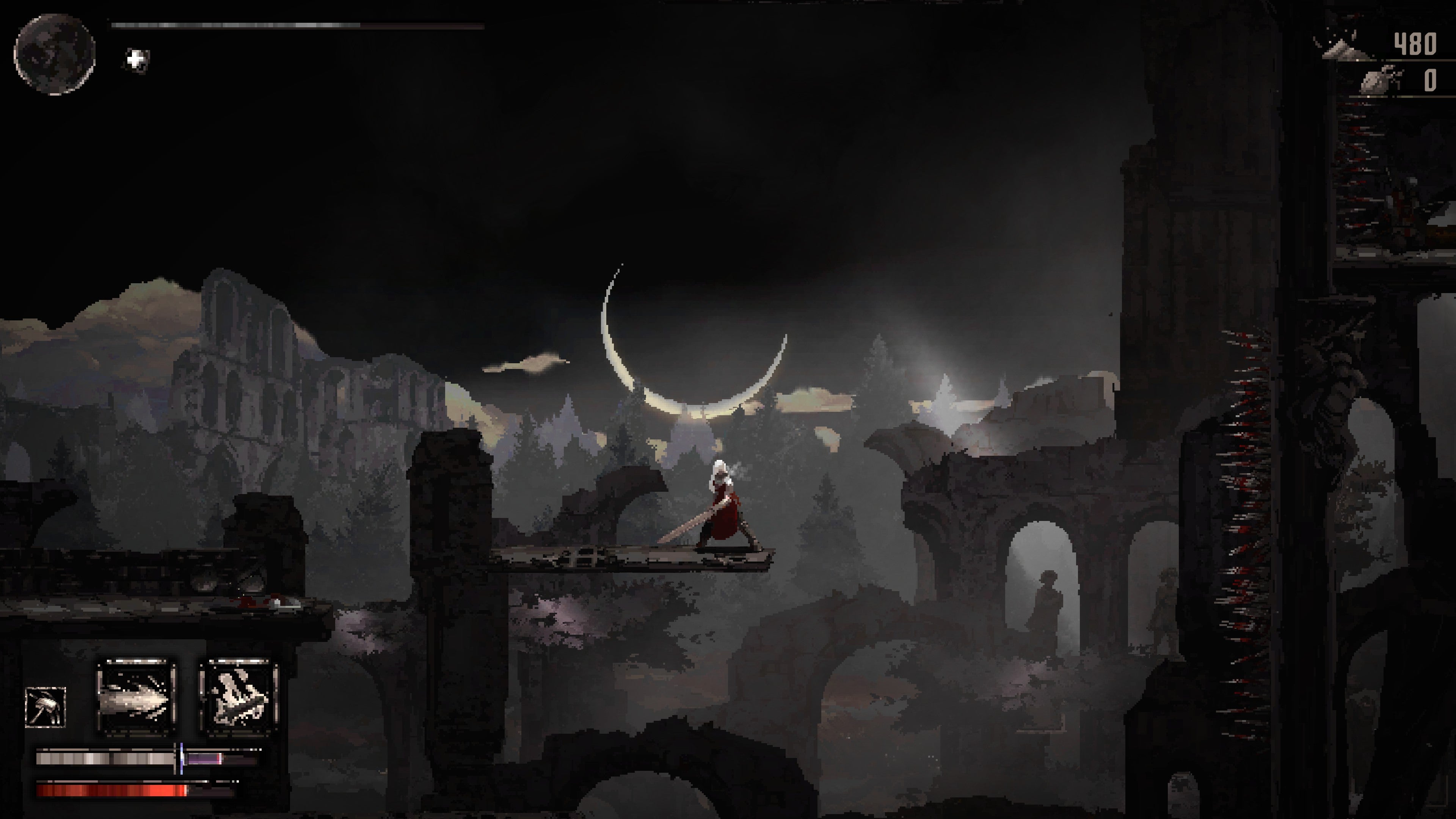A white haired warrior stands on a tower with a crescent moon in the background in Moonscars.