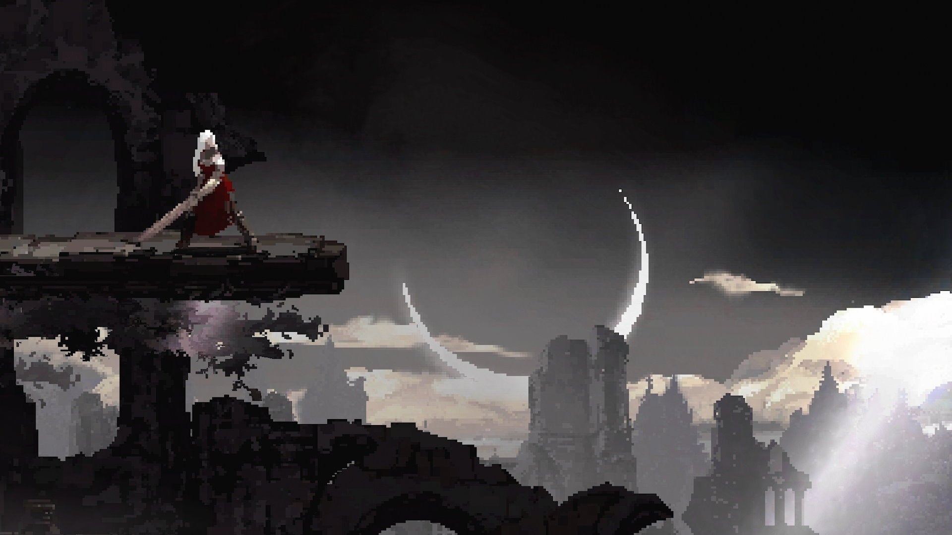 A white-haired warrior stands on a moody cliff scene in Moonscars