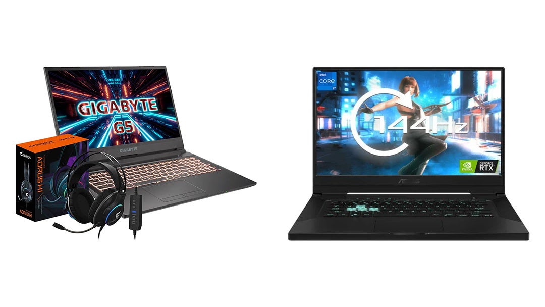 a photo of two laptops side by side, including a gigabyte g5-kc and an asus tuf dash f15