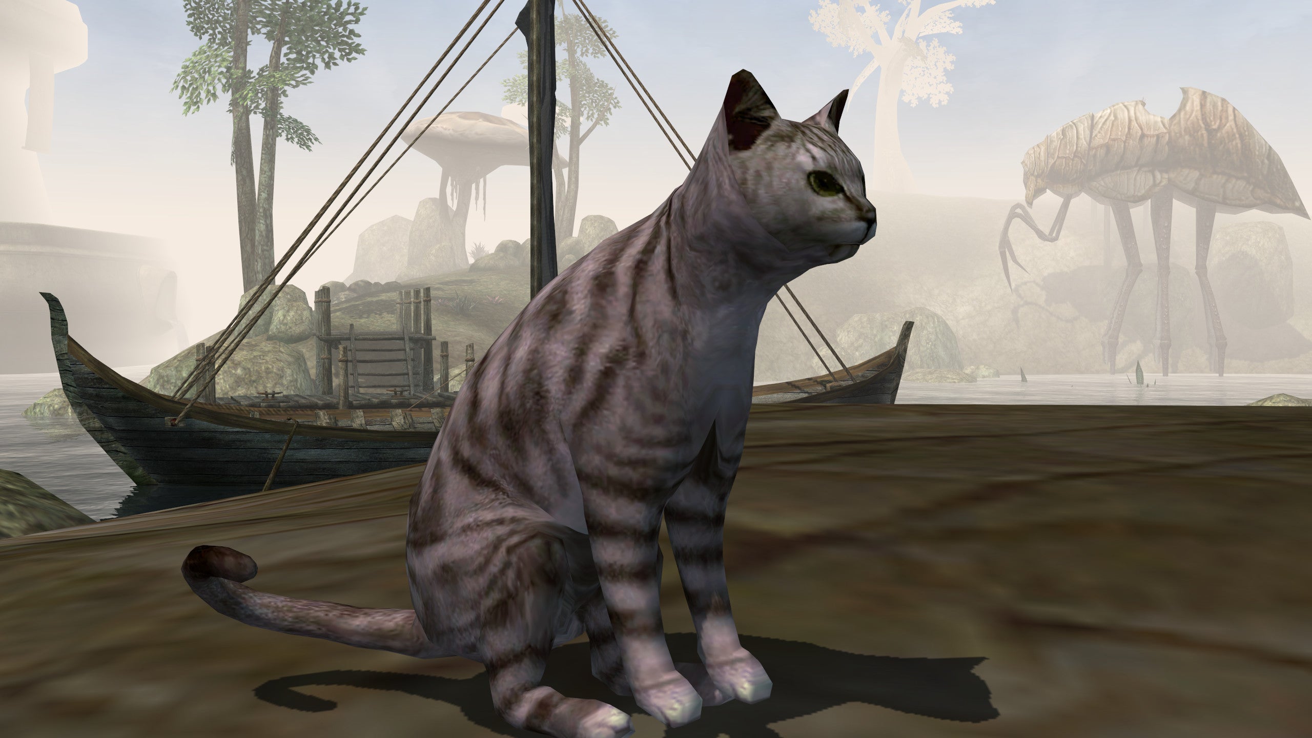 Stripes the cat sits in front of a silt walker in a screenshot from the Morrowind mod.