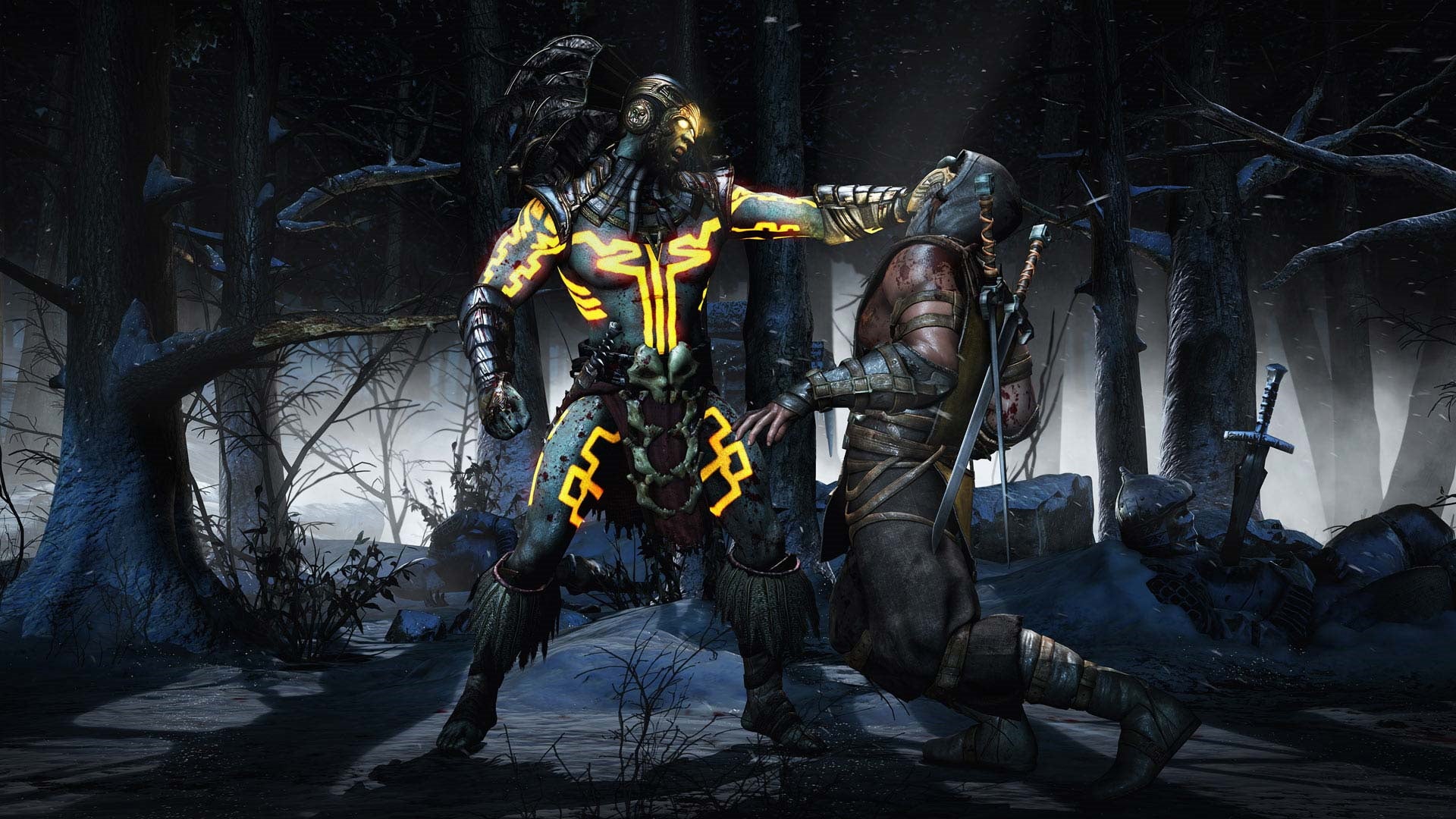 One player grabs another in Mortal Kombat X.