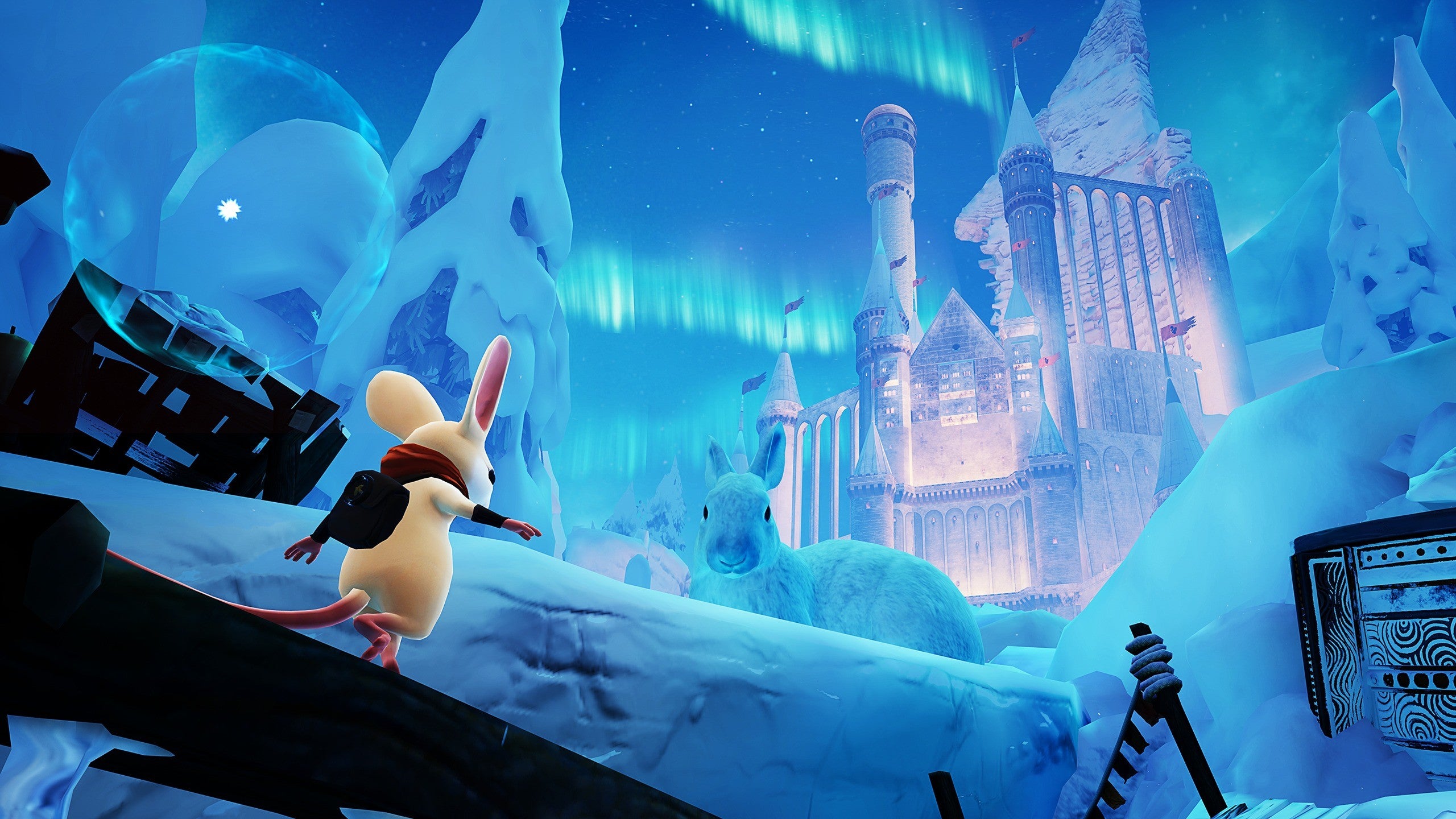 A screenshot of Moss in VR, holding a tiny mouse in front of a huge snowy ice palace