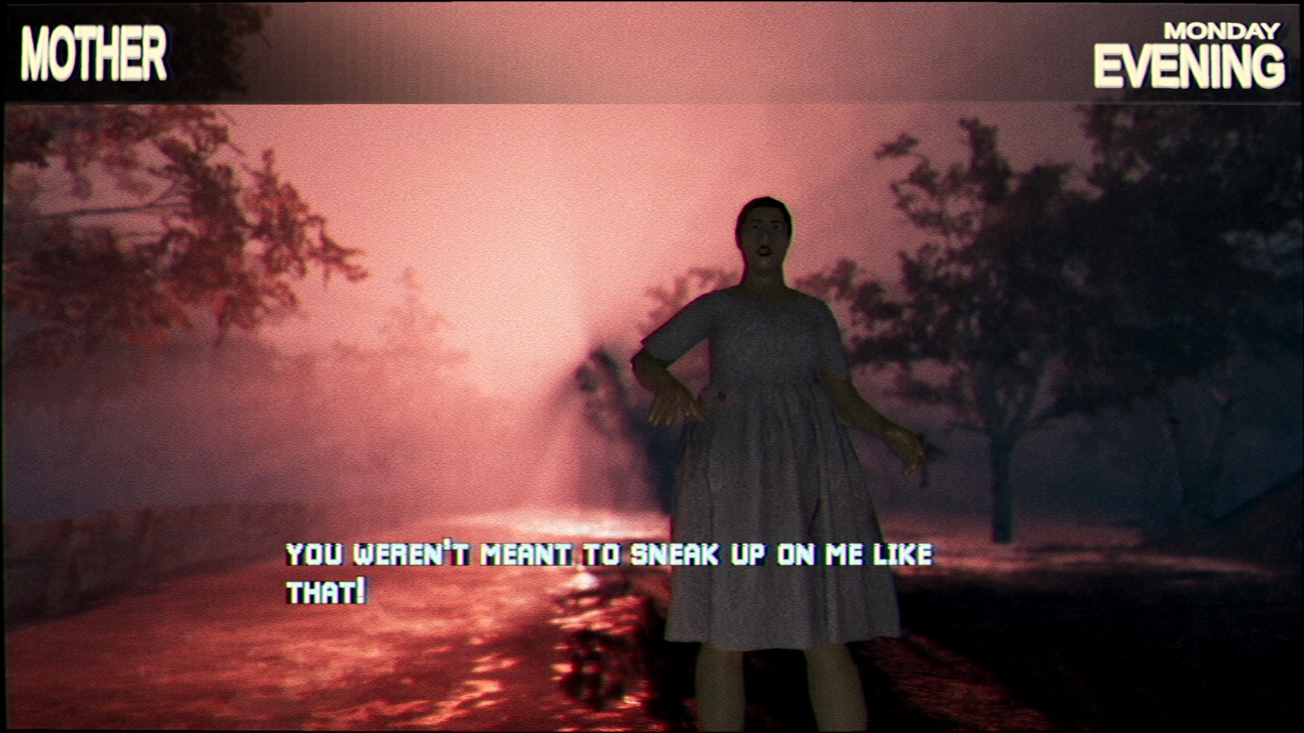 Talking with eerie Mother in a Mothered screenshot.