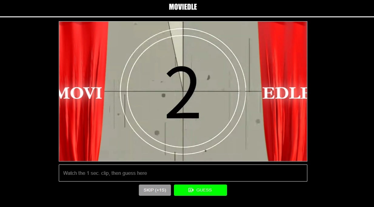 An image of the the Moviedle website showing a red curtain parting on a screen, with a countdown on it.