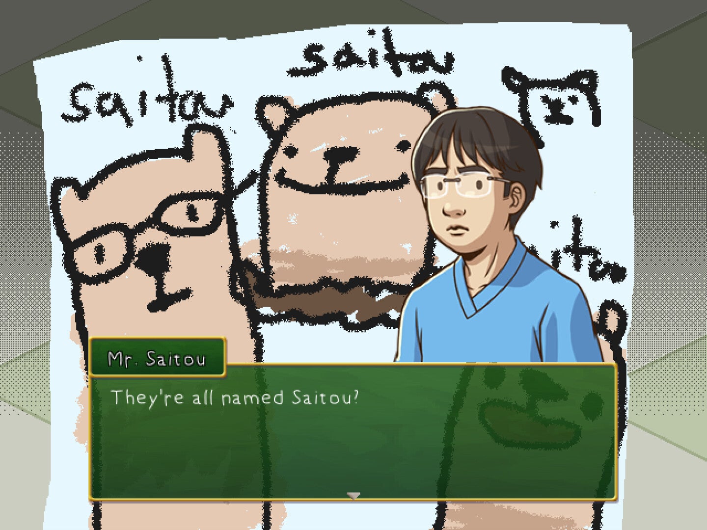 A man named Mr Saitou looks at a drawing of llama worms all called Saitou in the game Mr Saitou