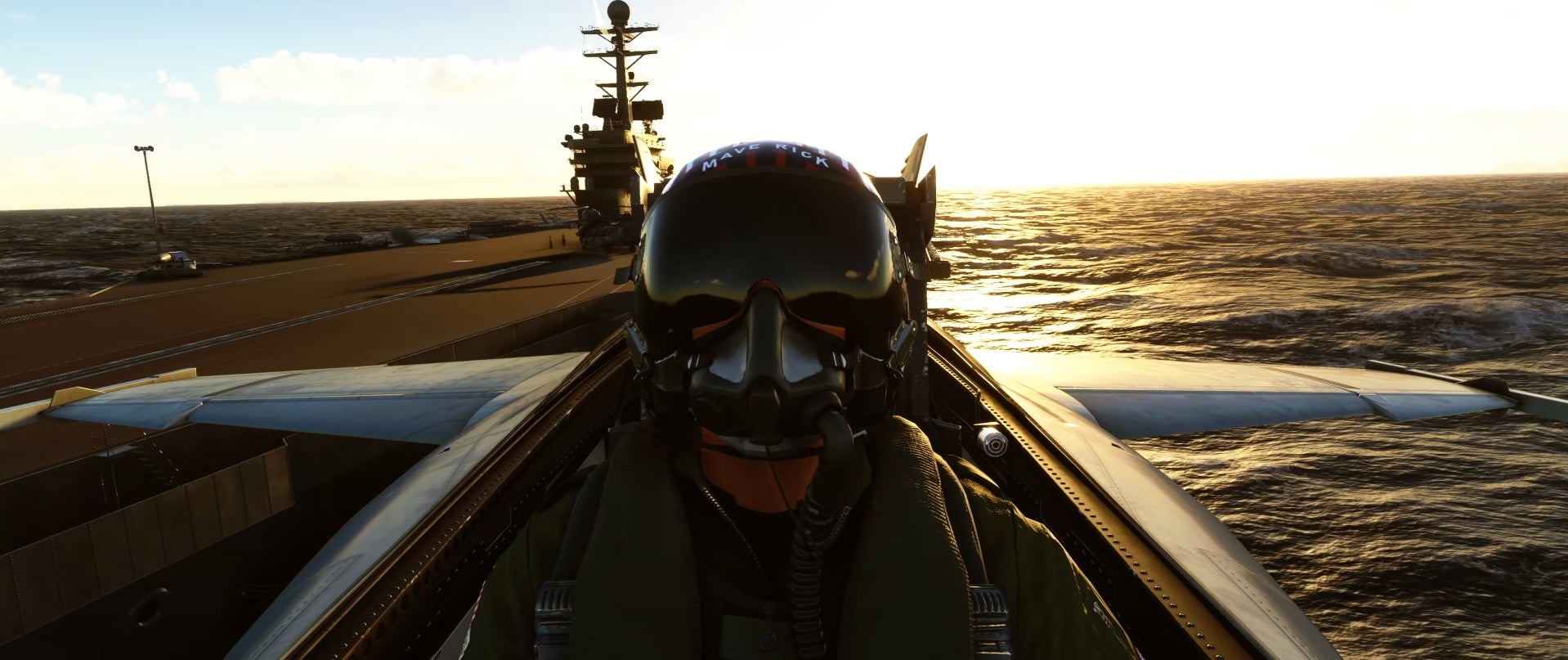 A still from the Microsoft Flight Simulator trailer showing Maverick taking off from an aircraft carrier in a fighter jet in the Top Gun: Maverick tie-in expansion.