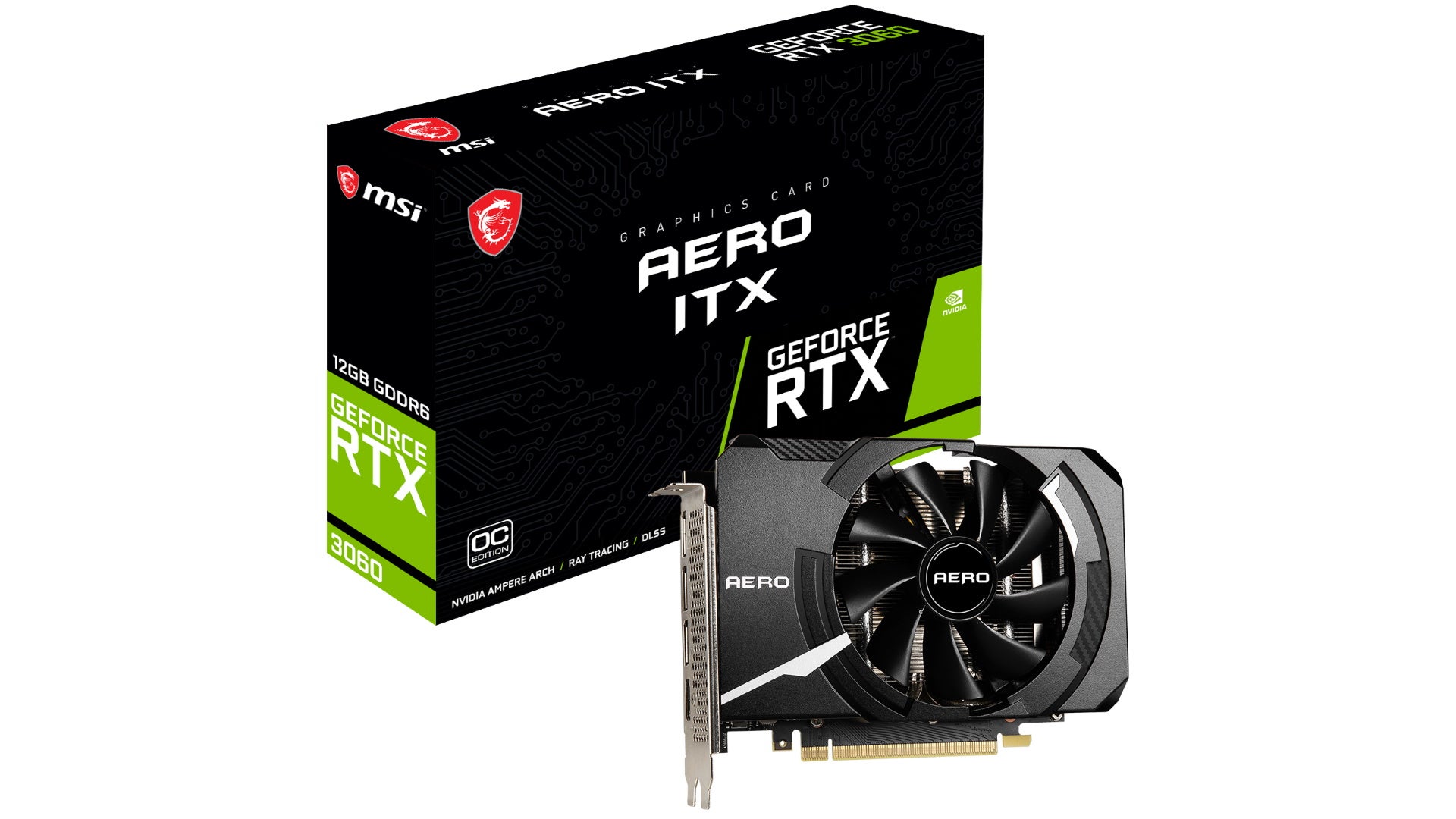 MSI RTX 3060 Aero ITX OC product photo showing the card and box