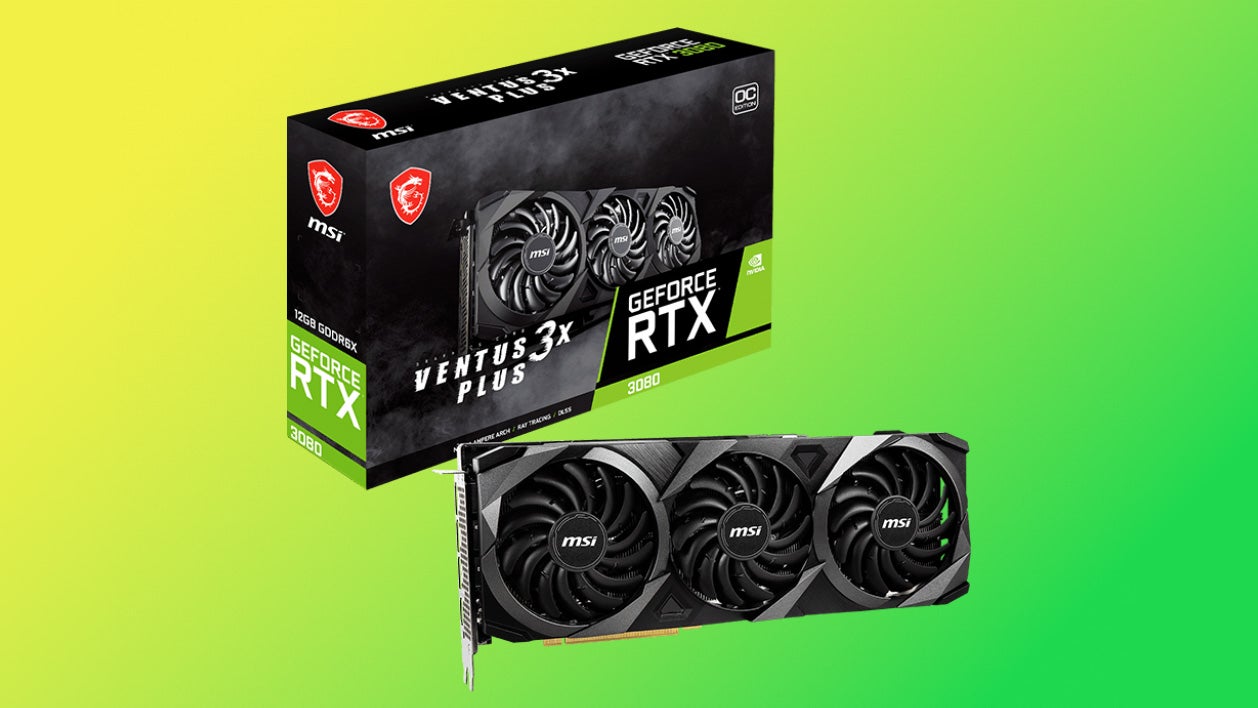 an msi ventus RTX 3080 card, with a triple-slot cooler on a coloured background.