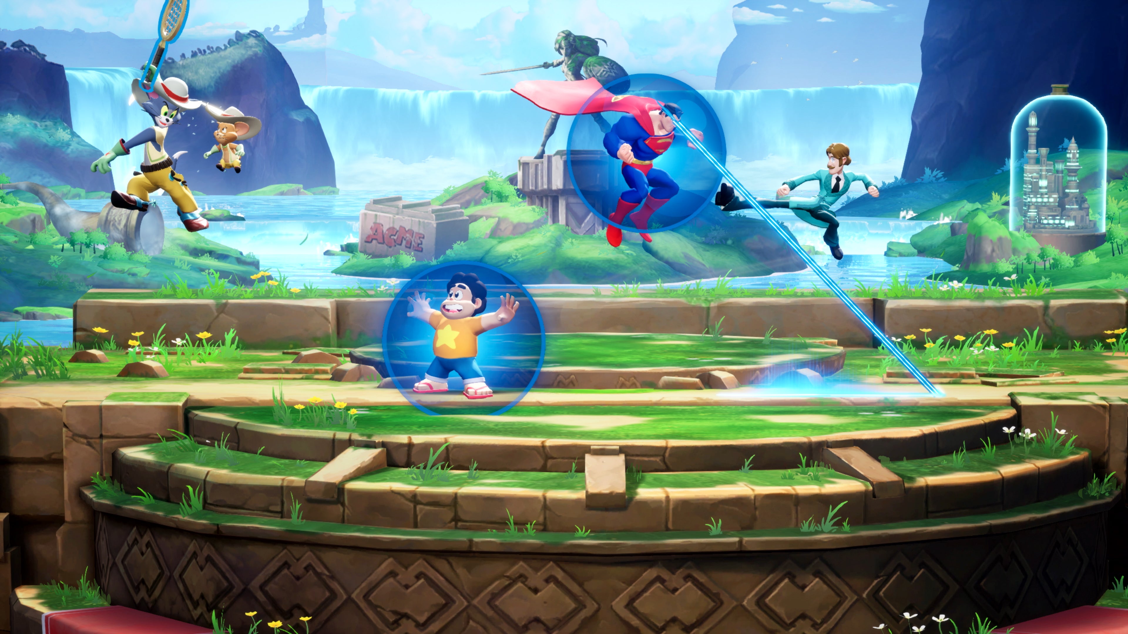 Superman, Shaggy, Steven Universe, and Tom & Jerry fight in a MultiVersus screenshot.