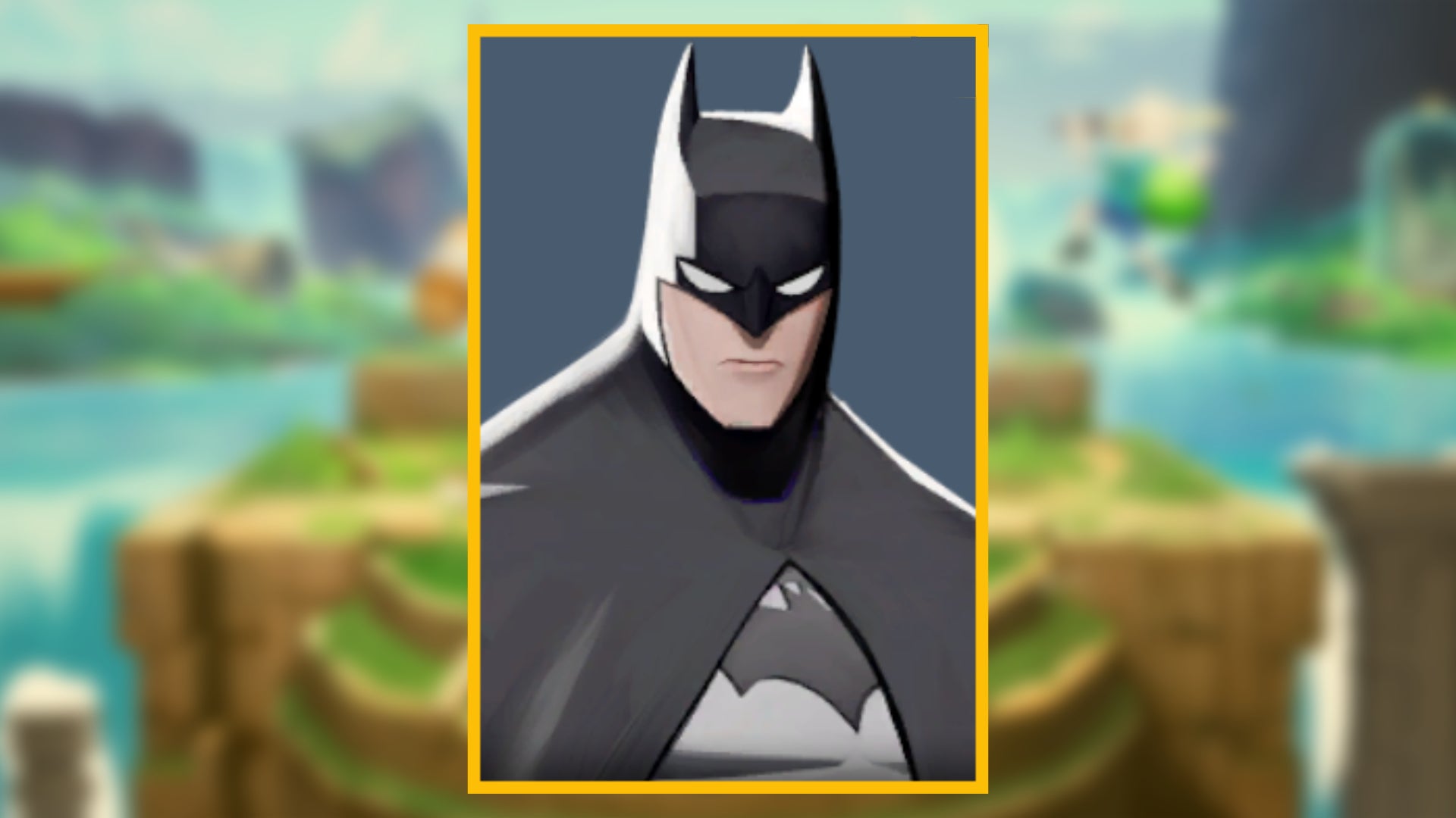 Портрет Бэтмена, игрового персонажа в MultiVersus, на размытом фоне.