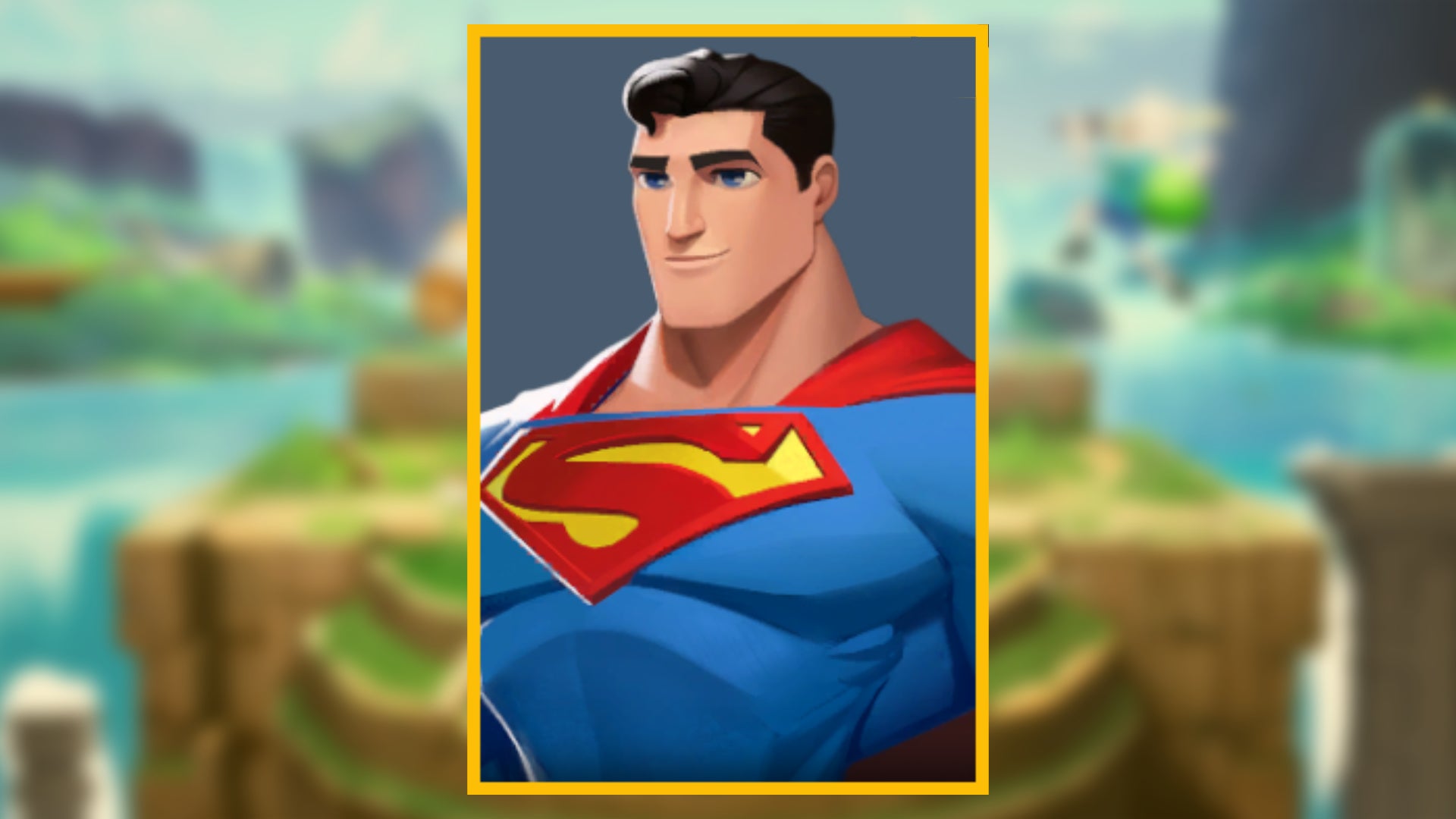Портрет Супермена, игрового персонажа в MultiVersus, на размытом фоне.