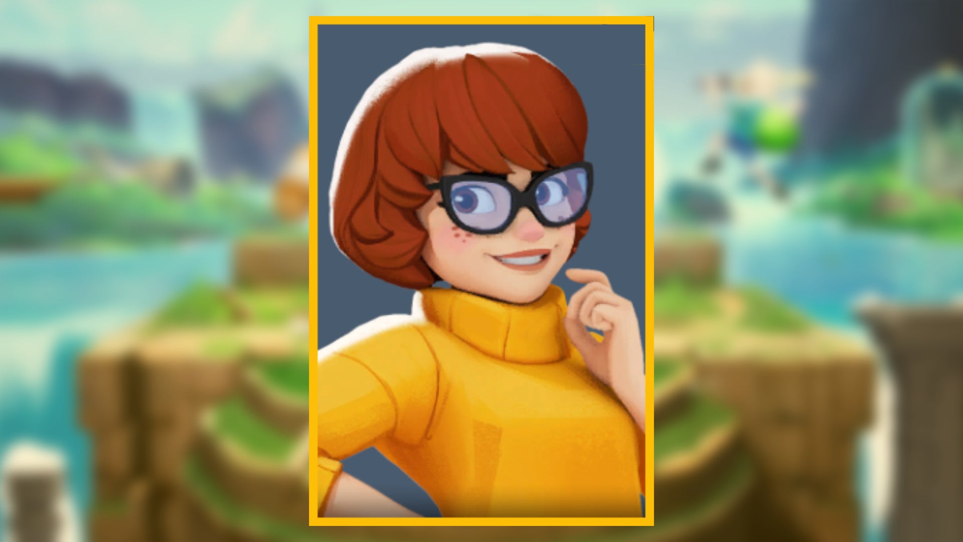 The character portrait of Velma, a playable character in MultiVersus, against a blurred background.