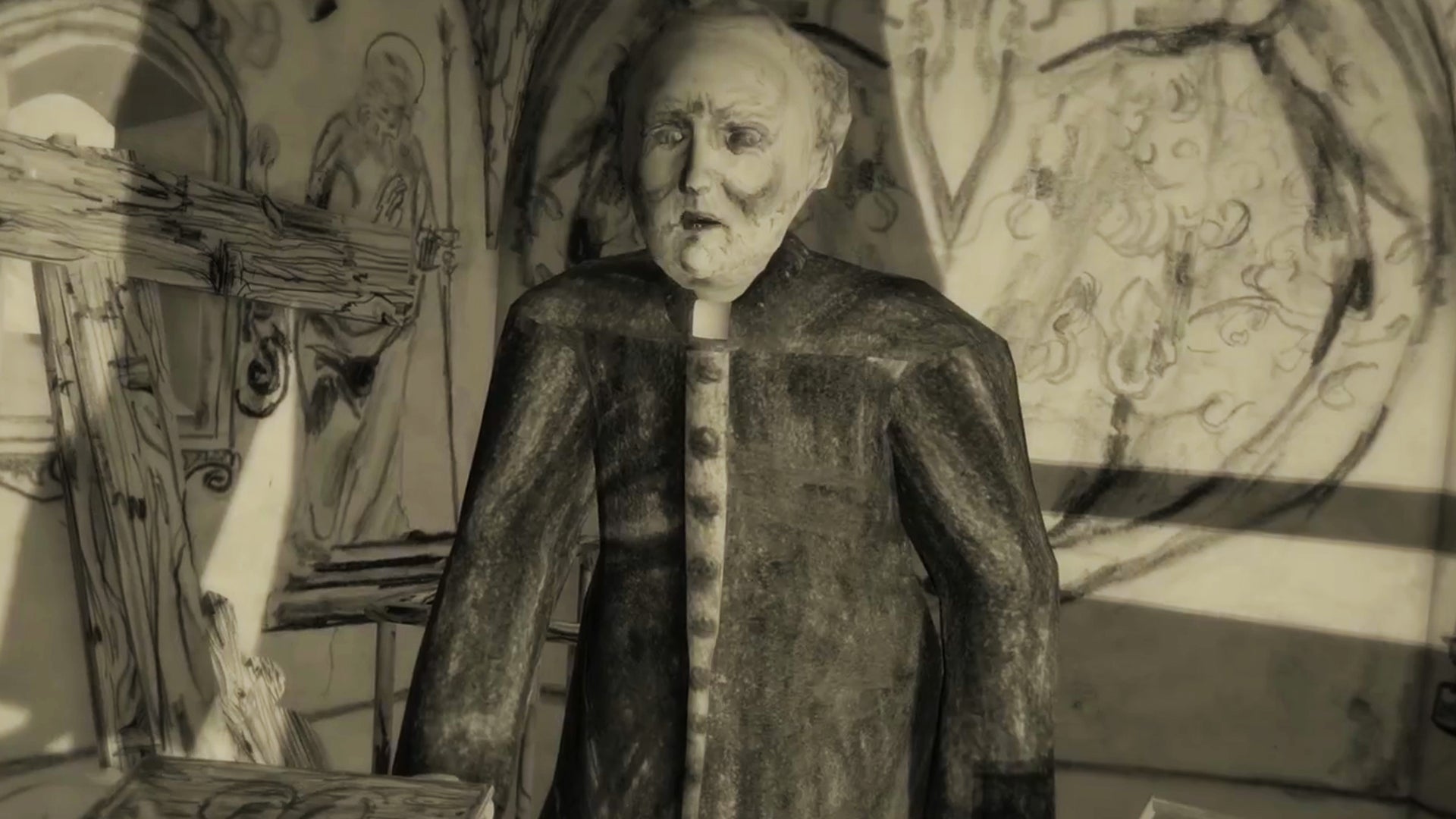 A screenshot of a creepy man in the hand-drawn horror game Mundaun.