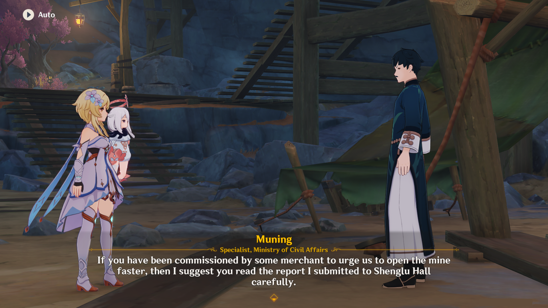 Lumine and Paimon speak to Muning, a new NPC, in Genshin Impact's newest area The Chasm.