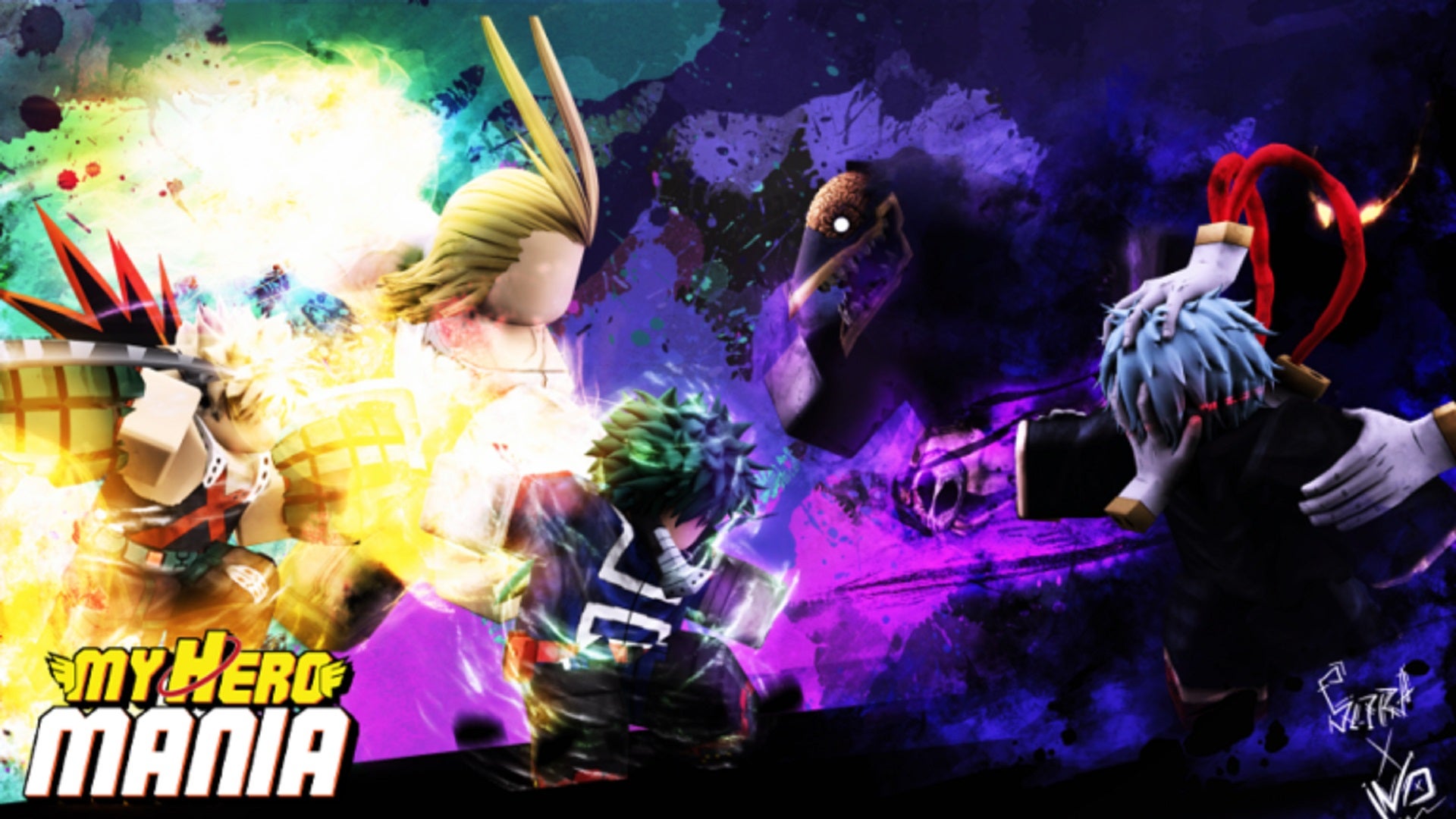 Several elementally-empowered characters face off against each other in a Roblox banner for My Hero Mania.