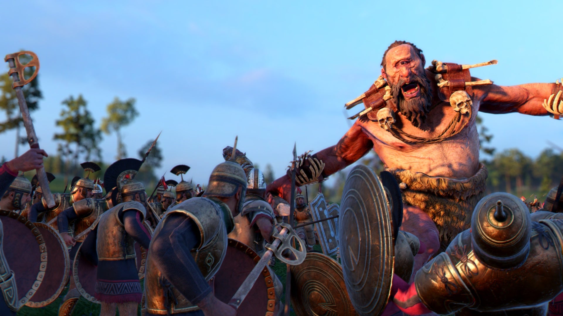 A screenshot of A Total War Saga: Troy's Mythos expansion, featuring an actual factual cyclops on the battlefield.