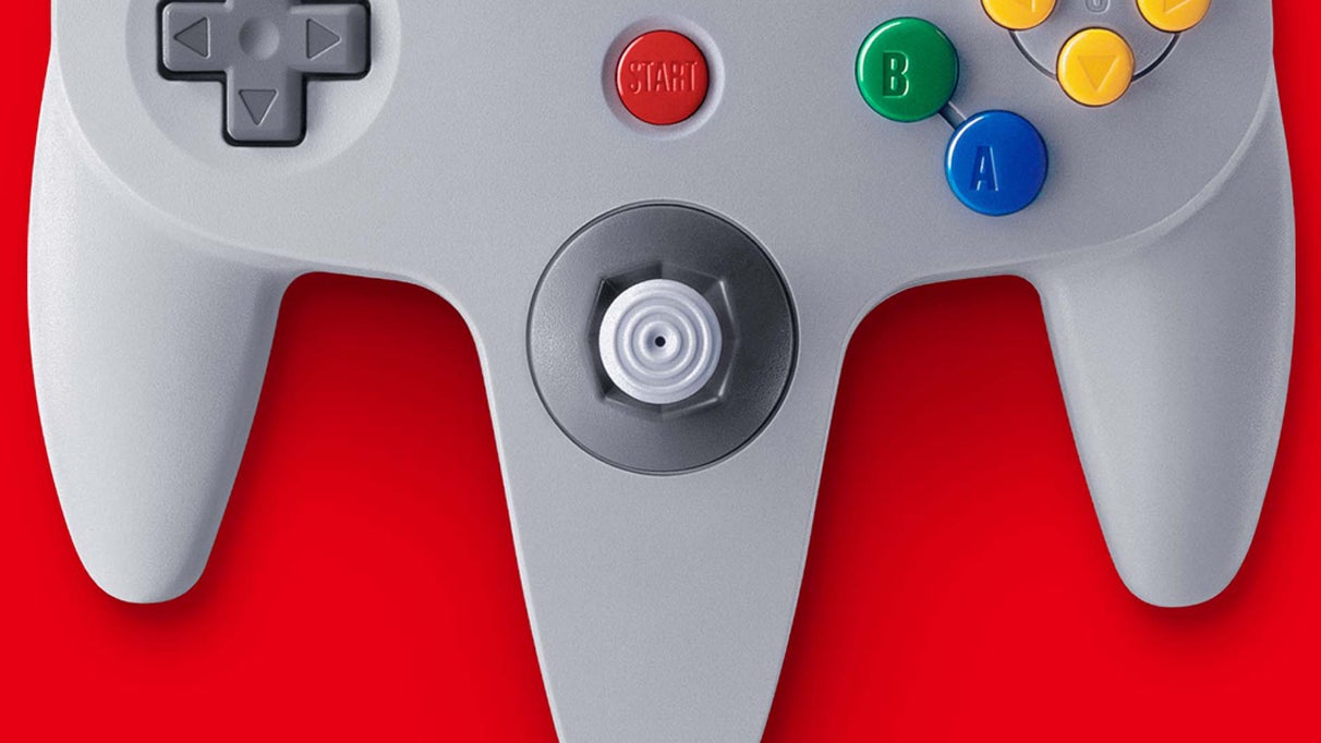 A close-up of the N64 controller, showing the analogue stick, start button, BA and D-pad.