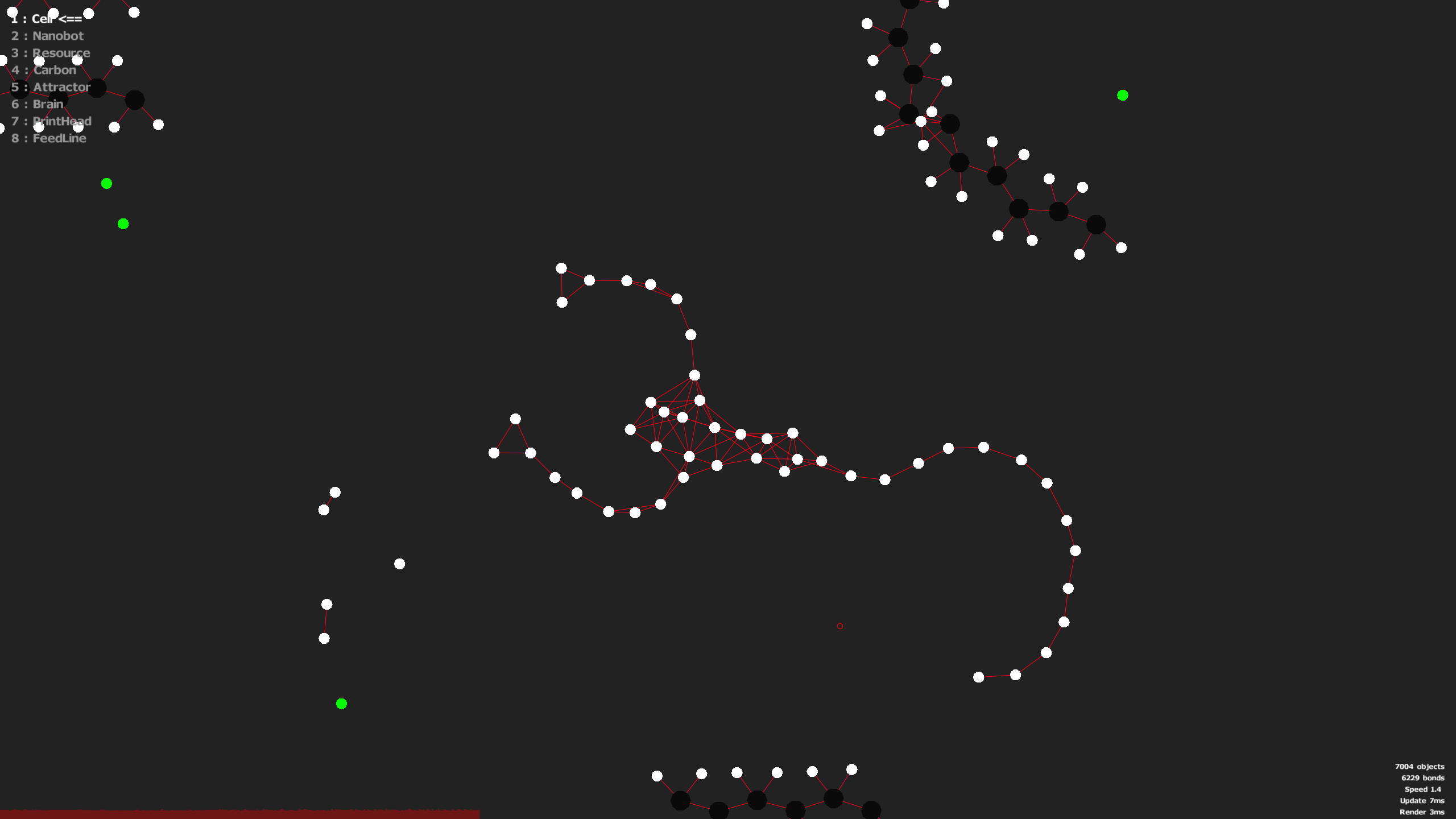 A screenshot of Nanotech, showing little dots connected by lines to form organic creatures in a petri dish.