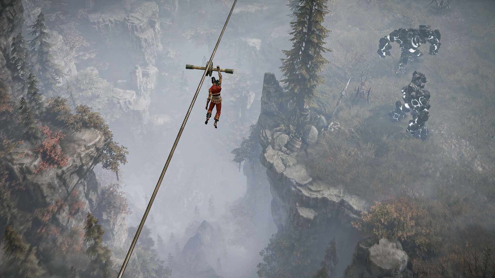 Ziplining over a canyon in Lost Ark