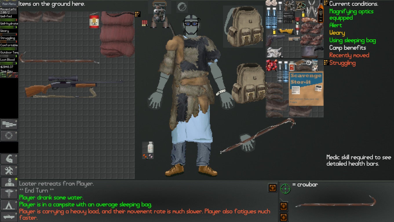 A bulging inventory in a Neo Scavenger screenshot.