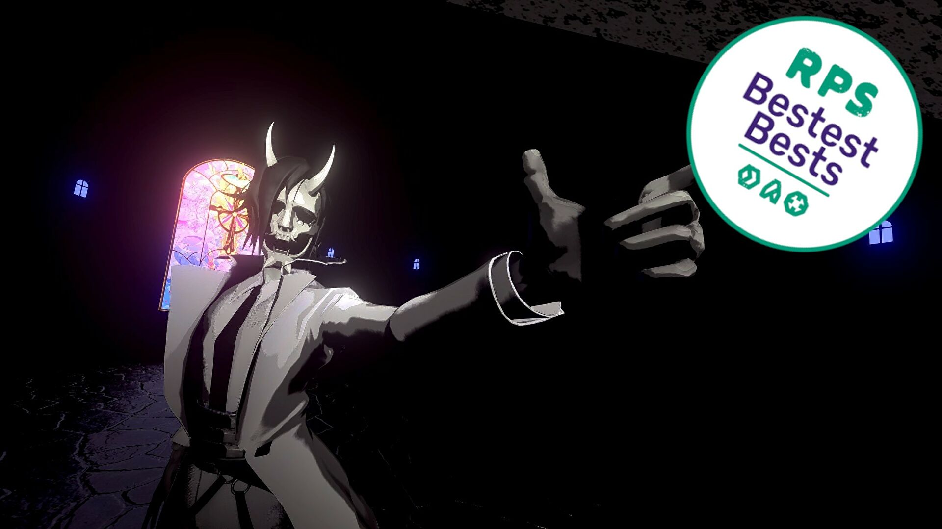 A person in a white coat and white demon mask standing in a dark cathedral. The screenshot has RPS' bestest best badge in the top right corner.