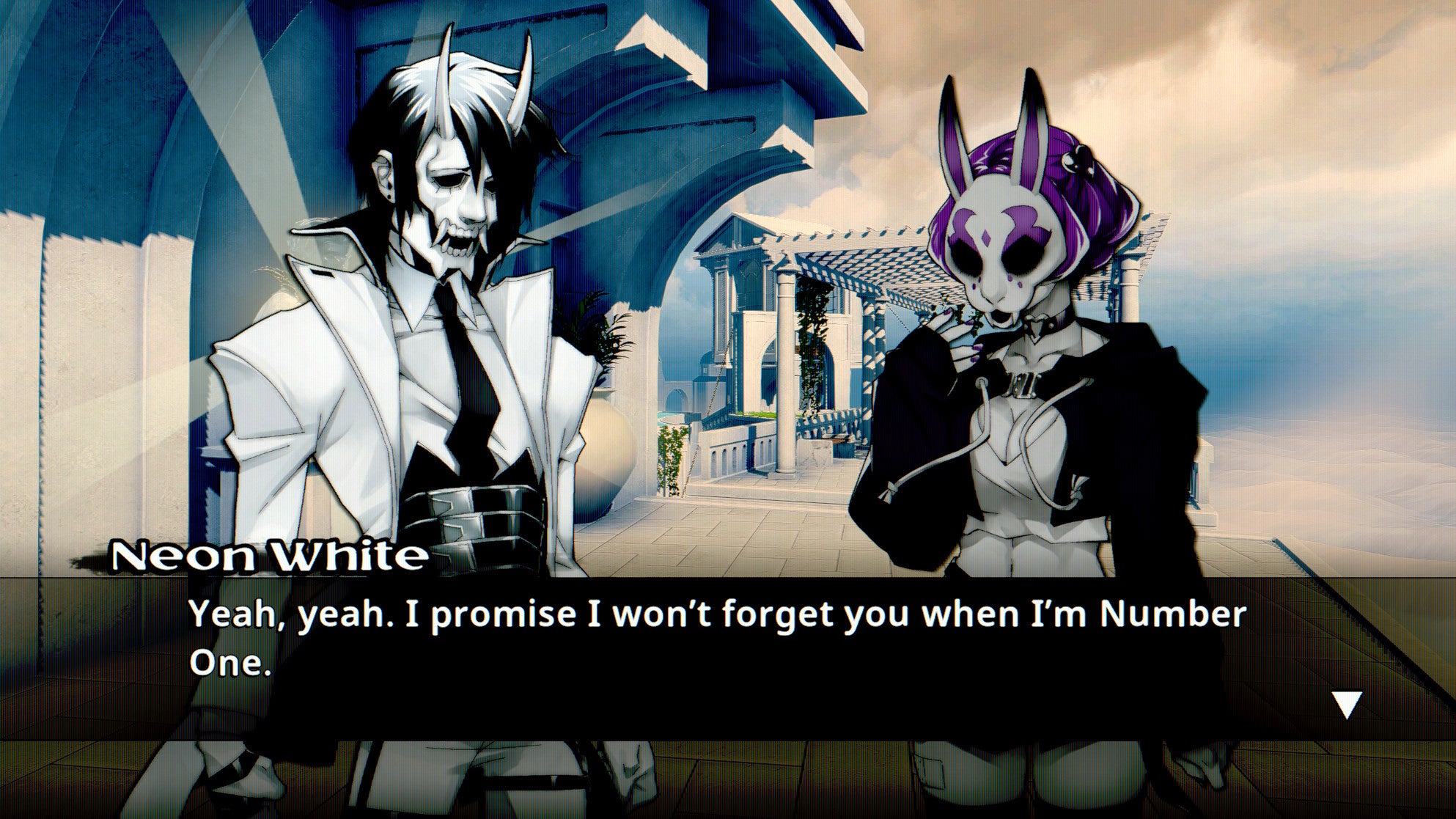 Neon White and Neon Violet, two demon assassins in strange masks, have a chat in heaven in a Neon White screenshot.