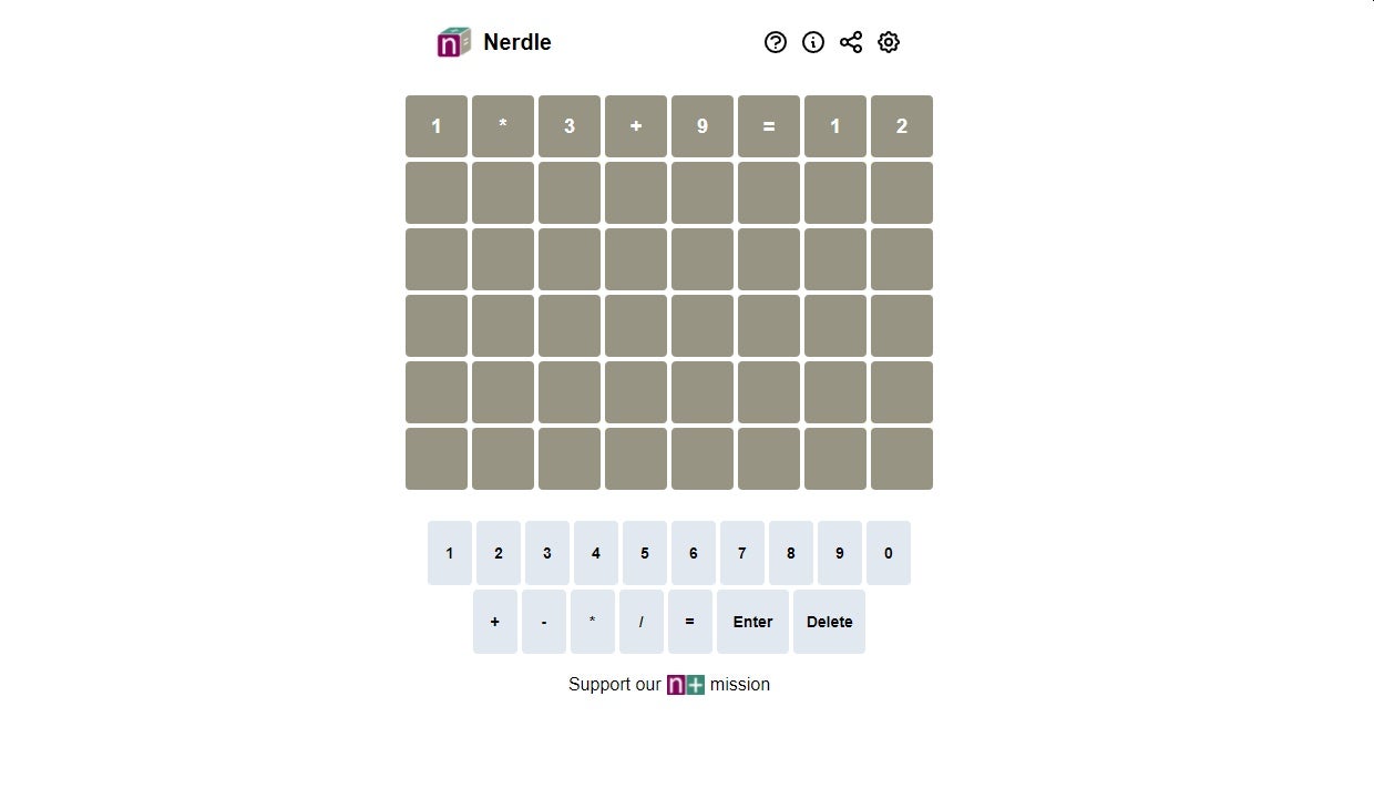 A screenshot of Nerdle, showing an 8x6 grid in which a sum has been entered into the top line. It's Wordle but for maths.
