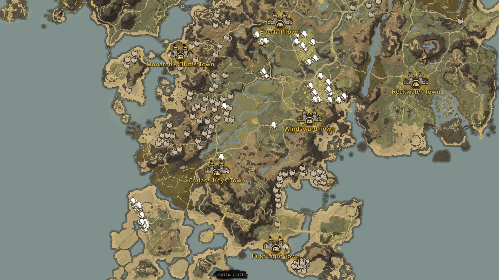 New World turkey and turkey nest locations around the starting settlements