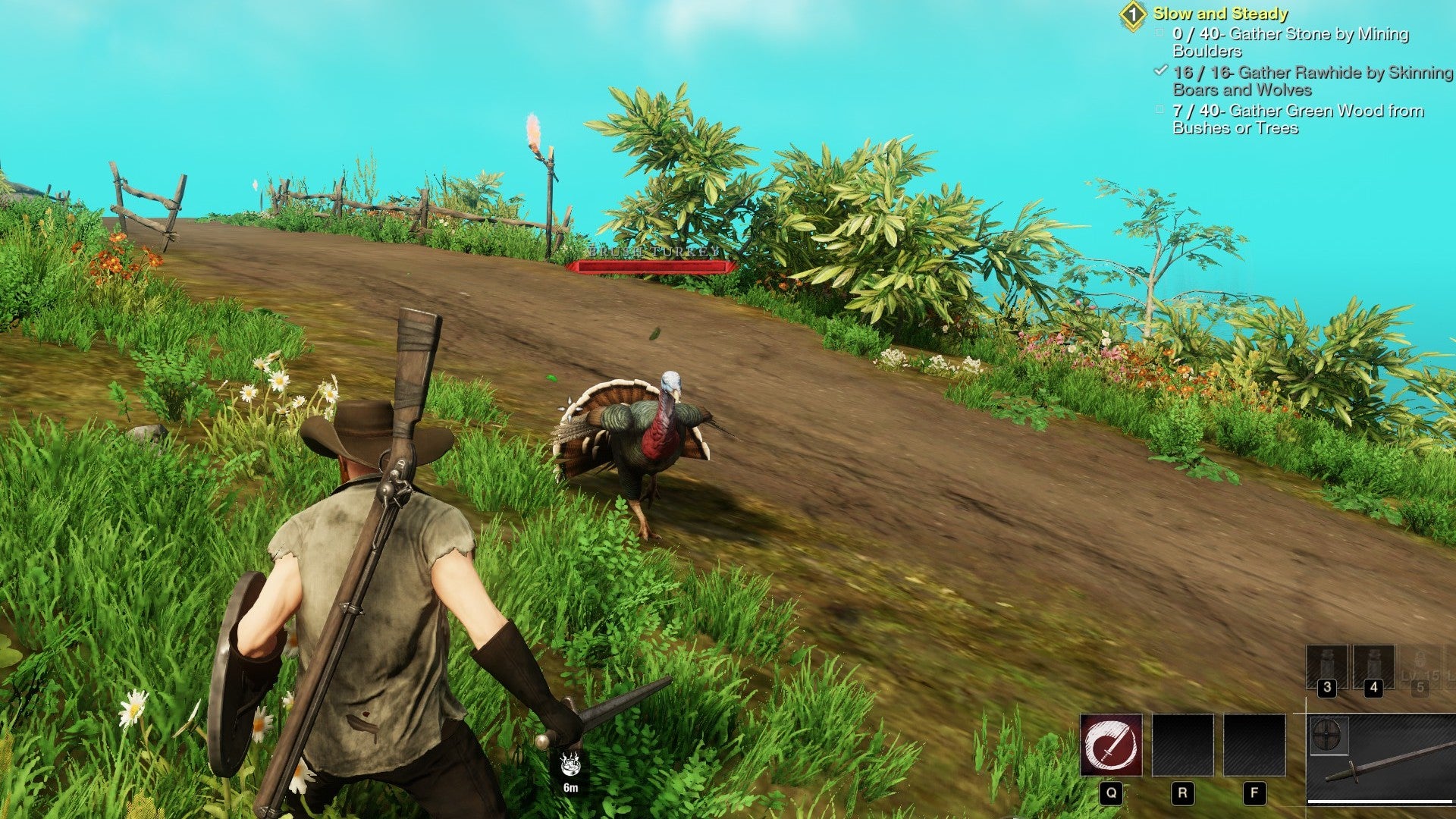 New World Turkey running towards player character on a dirt path near the First Light settlement