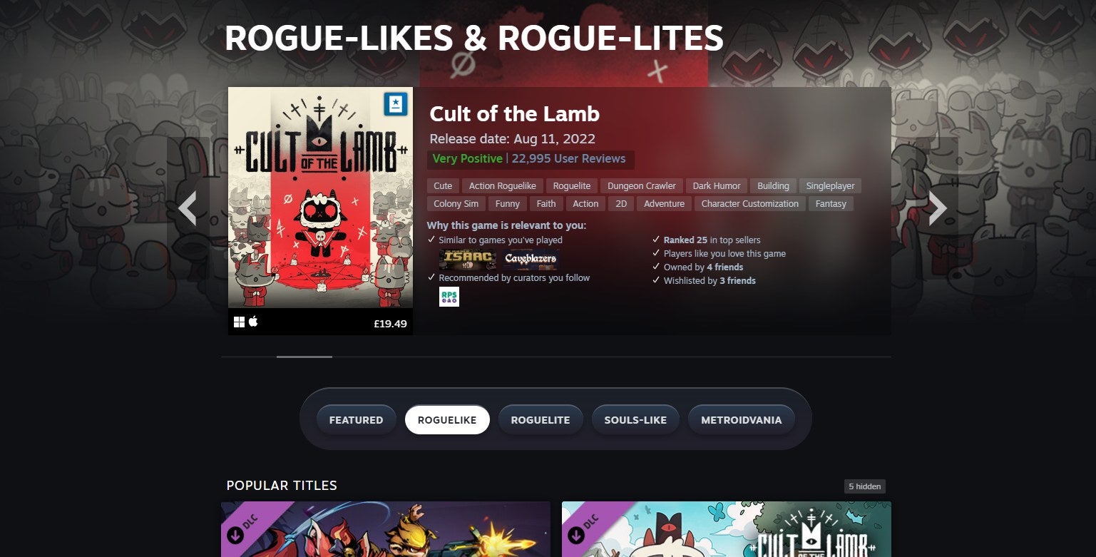An image showing a recommendation for Cult Of The Lamb at the top of the new Steam store hub pages.