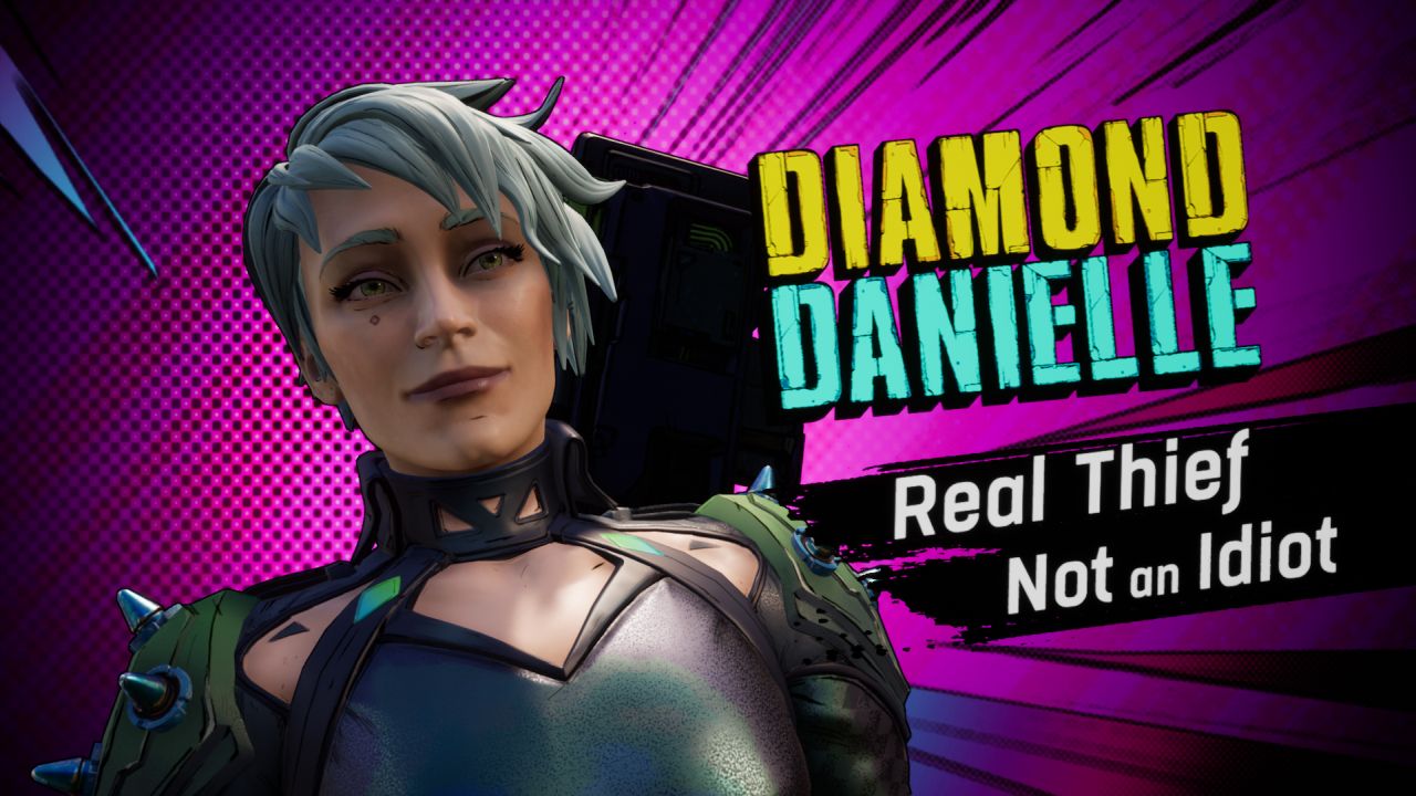 La introducción de la tarjeta de título para Diamond Danielle en New Tales From The Borderlands