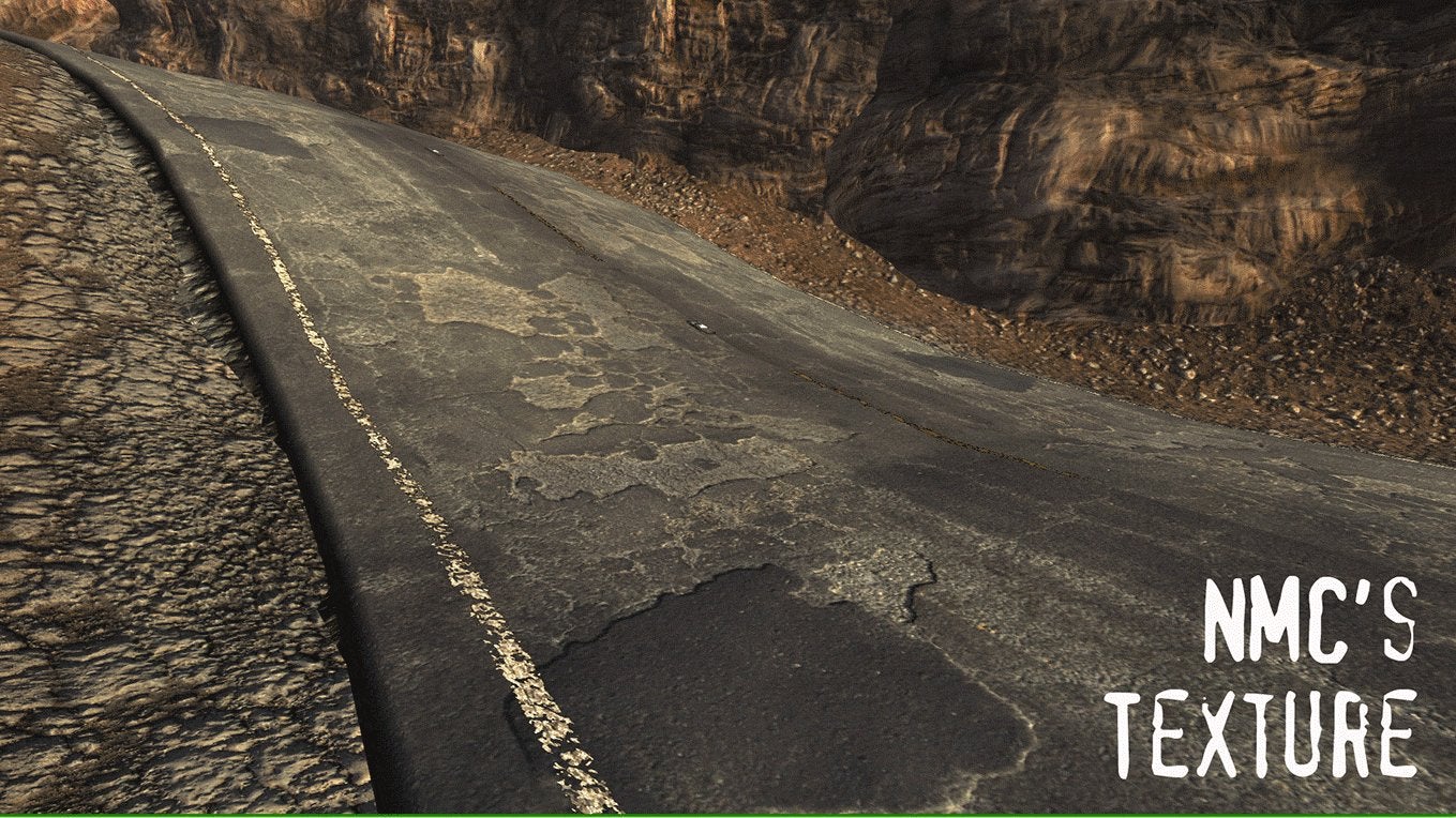 A highly detailed road texture in the New Vegas Texture Pack mod in Fallout: New Vegas