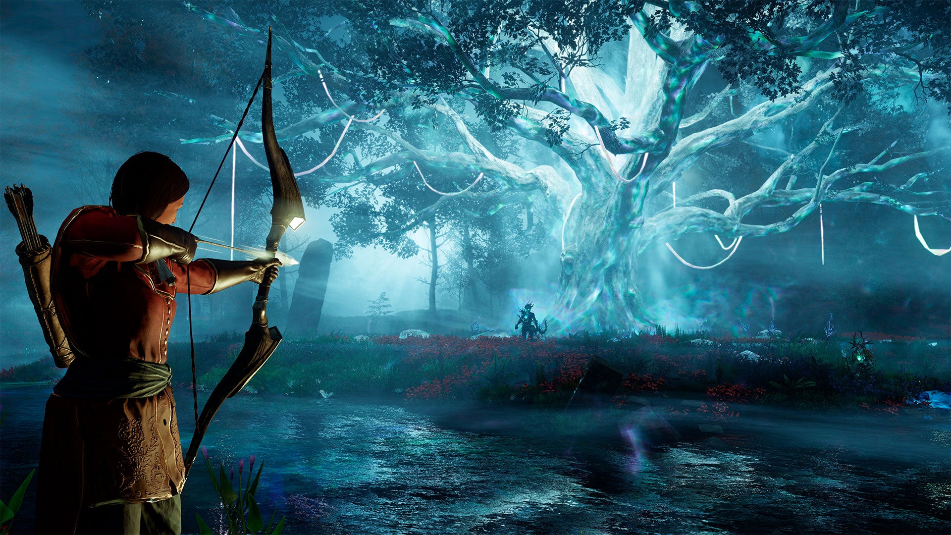 New World: A glowing blue Azoth Tree stands at the focal point of the screenshot, with a twisted creature standing near it. Close to the camera, a huntress aims an arrow at the creature.