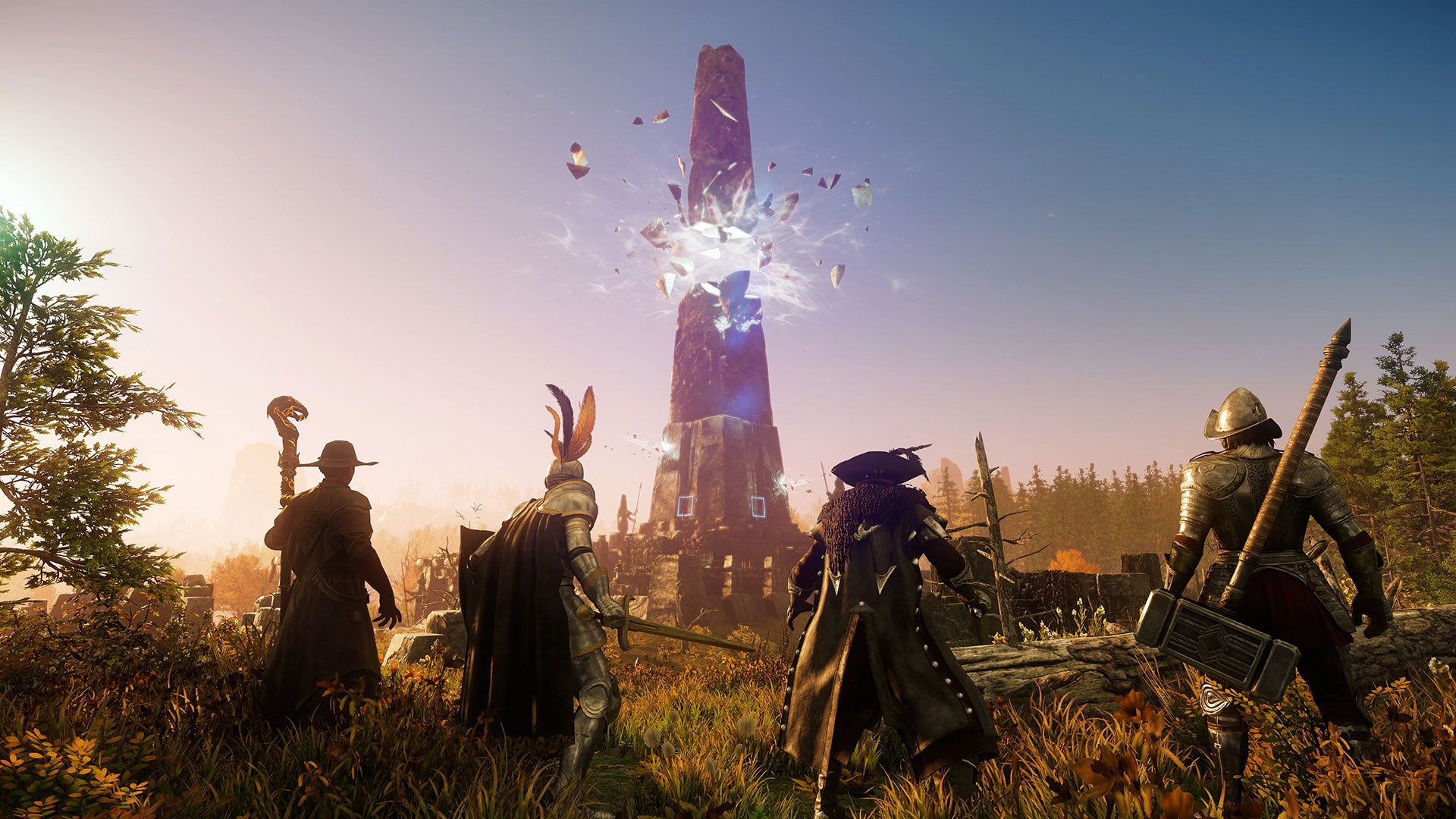 New World: Four adventurers stand with their back to the camera, looking at a shattered obelisk in the distance. The obelisk appears to have been frozen in the moment of its explosion.