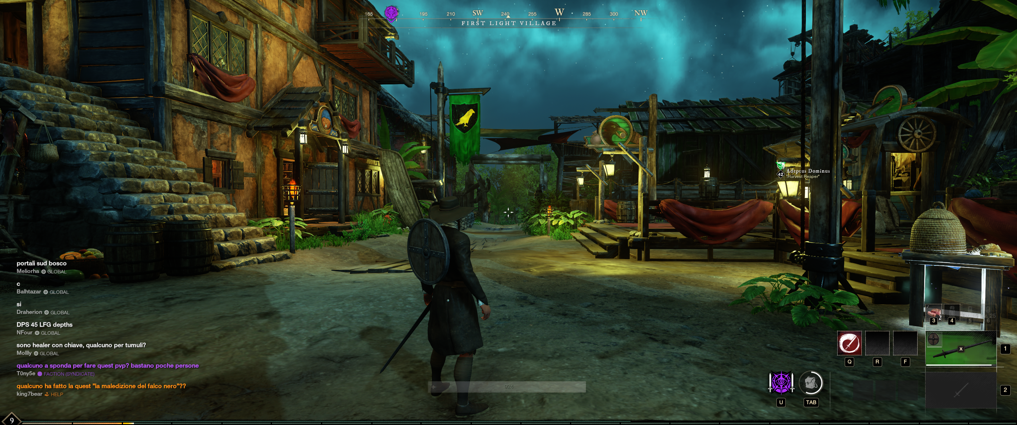 Players run around a New World starting village at night.