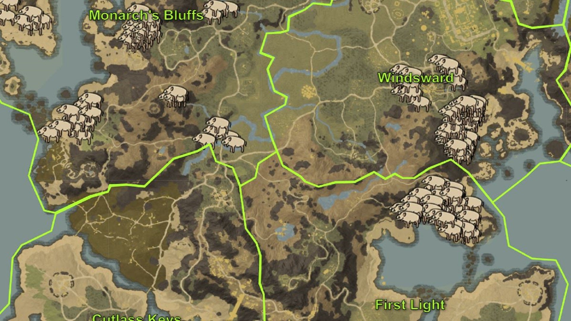 A map of the starting regions in New World, focussing on the boar spawn "farms" in First Light and Windsward.
