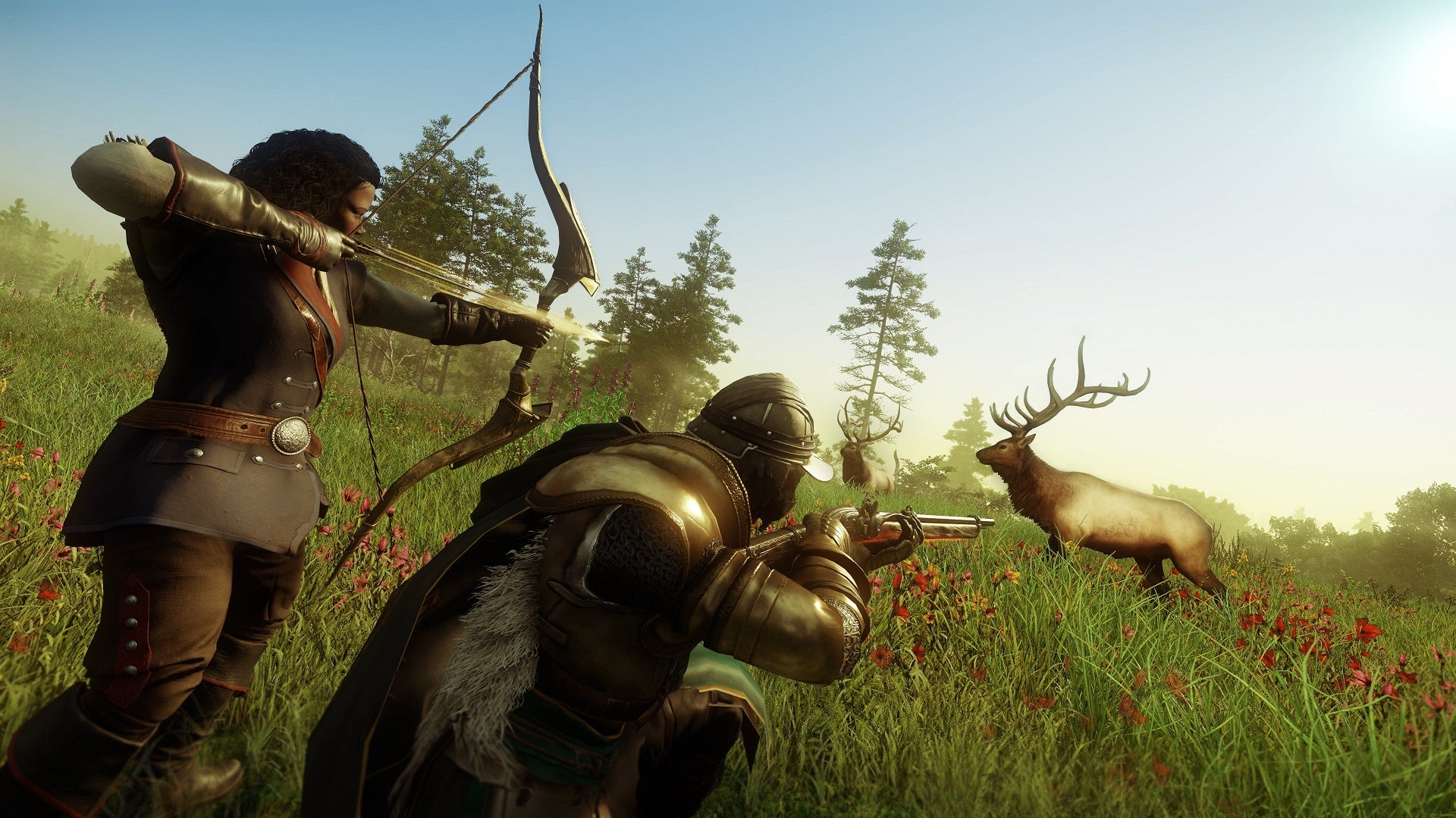 Dois personagens do Novo Mundo caçando um veado usando um arco e um mosquete.