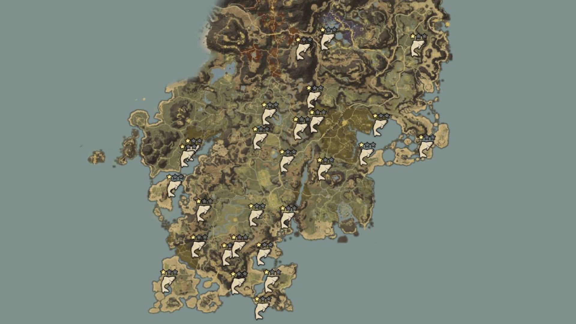 A map of Aeternum in New World, with Broad or One-Star Fishing Hotspots highlighted.