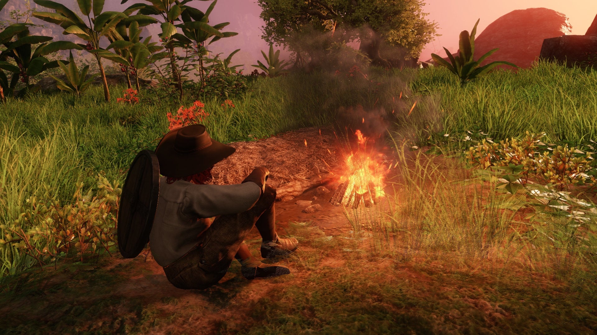Um jogador descansando em frente a uma fogueira no Novo Mundo.