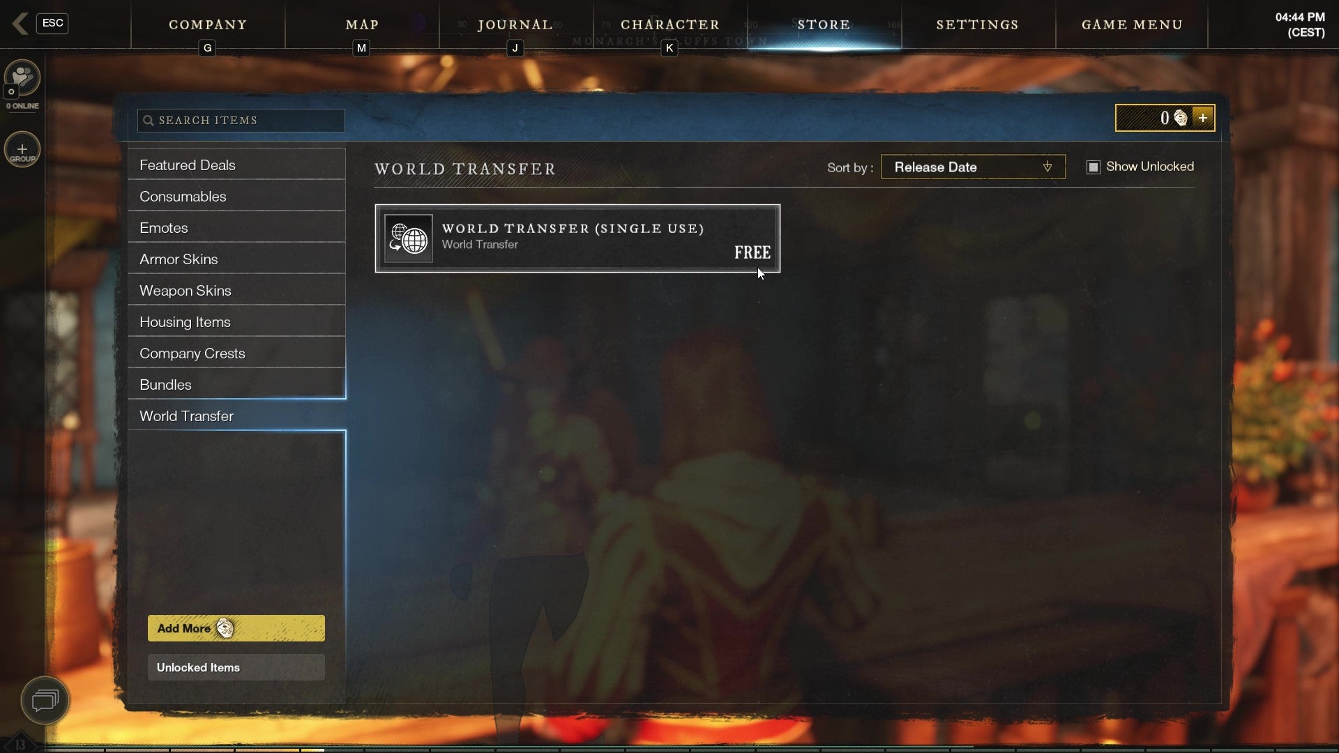 The New World Store page, showing the item page for a World Transfer (Single Use) free token.