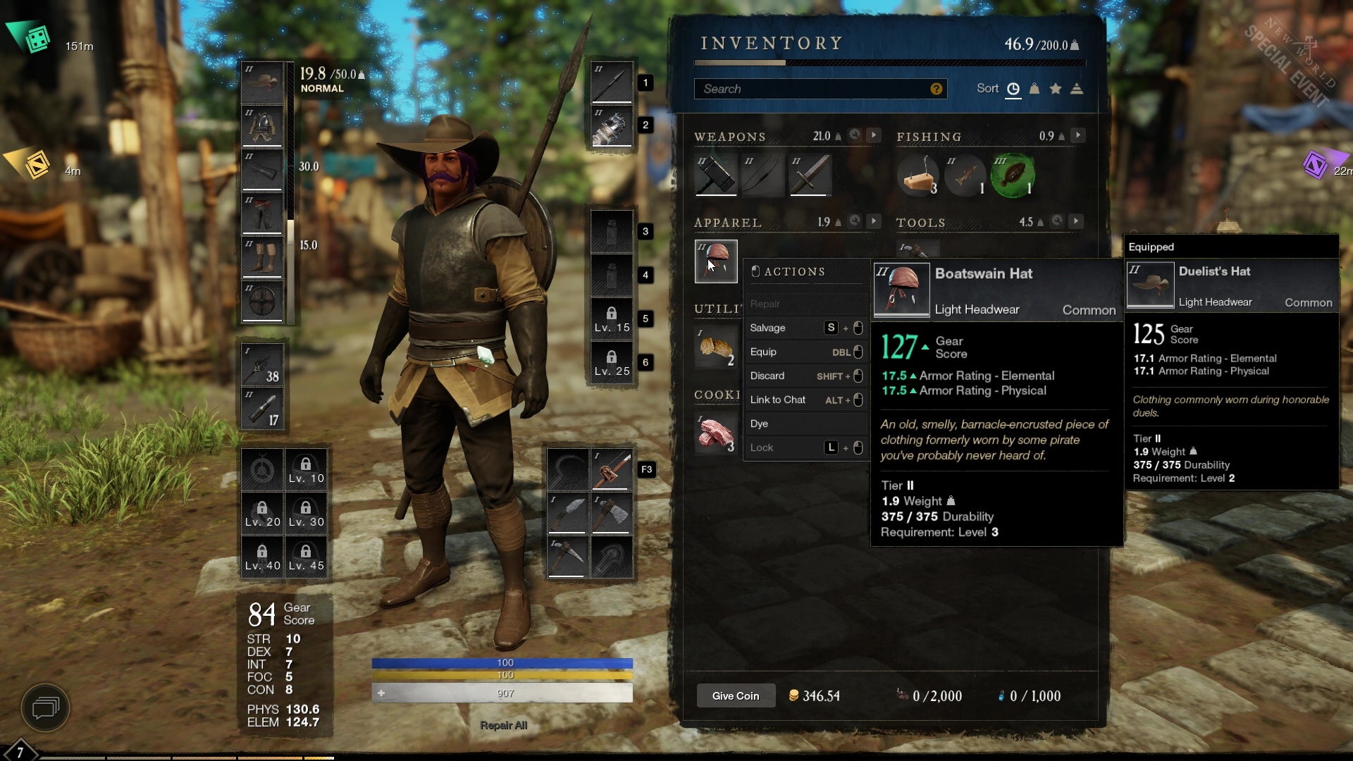 An image of New World that shows the character customization menu, with armor and weapon slots, stats, and inventory management onscreen.
