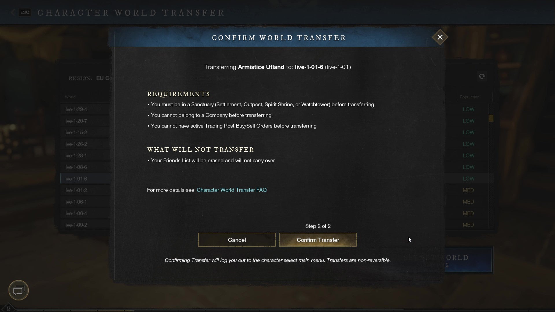 The New World character transfer page, requesting confirmation before the transfer is locked in.