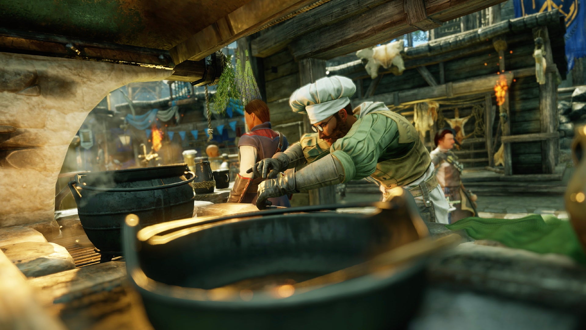 An image from New World which shows a chef cooking up something nice under the cover of his stall.