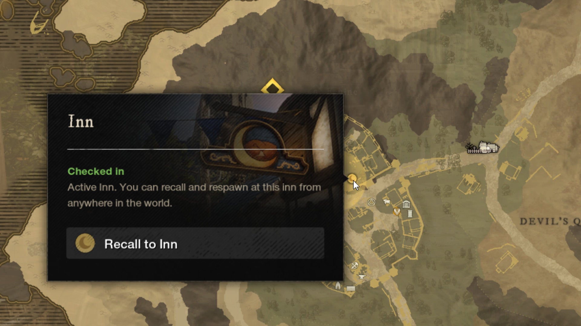 A screenshot of the New World map with the Recall To Inn option highlighted.